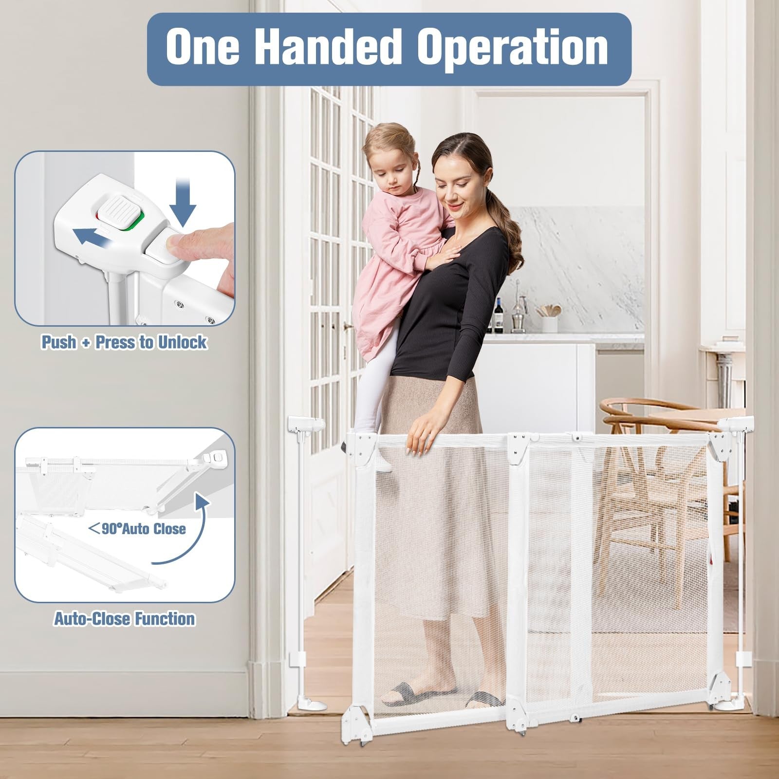 Bingguz No Bottom Bar Baby Gate for stairs, adjustable 34-55 inches, with a large walk-through opening and secure safety features.