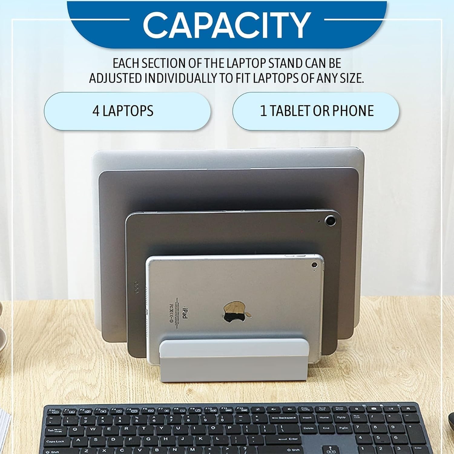 Elestoria 5-slot vertical aluminum laptop stand with five slots for organizing and elevating laptops on a desk.