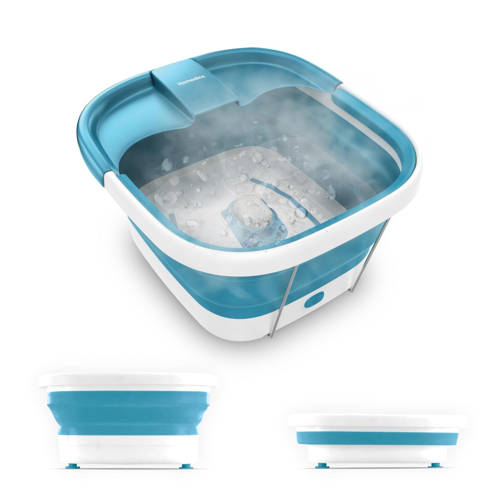 Homedics Smart Space Bubble Mate collapsible foot spa with heat maintenance and bubble jets, designed for relaxing foot soaks.