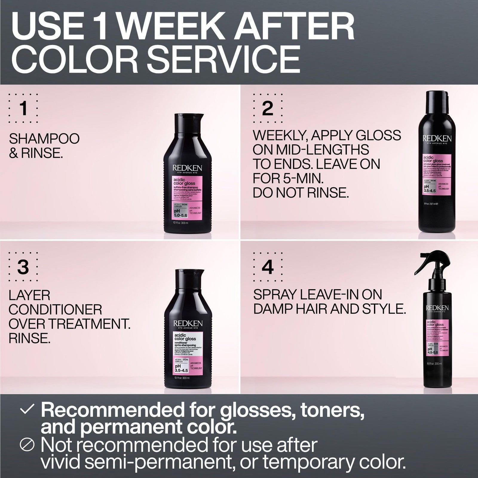 Redken Acidic Color Gloss treatment for color-treated hair, showing a sleek black bottle with a pump dispenser and glossy finish.
