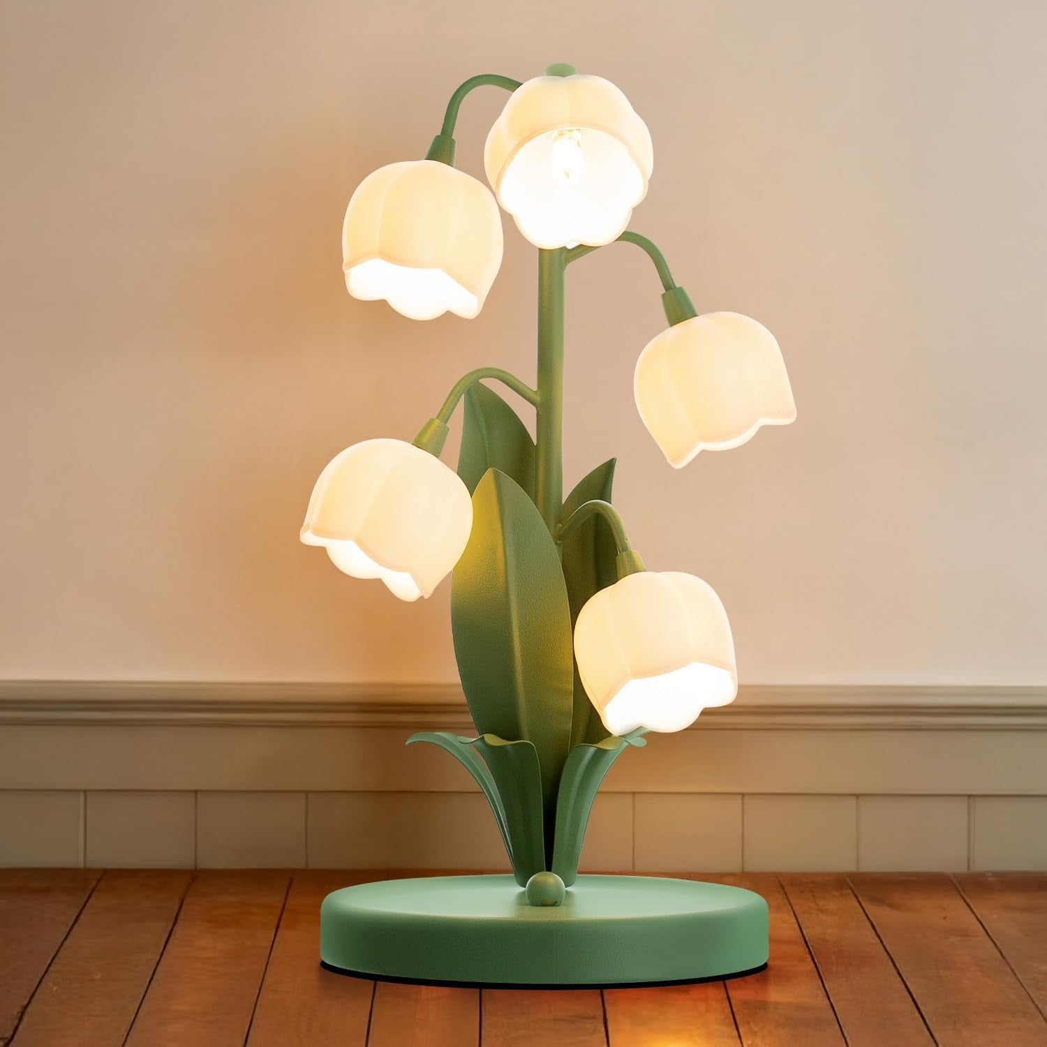 WERFOP Lily of the Valley green flower lamp with 3-color bedside night light, decorative floral table lamp for bedroom decor