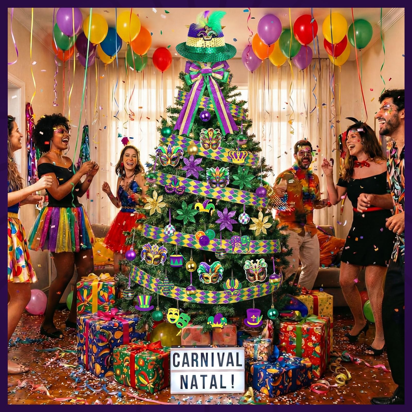 Halfchet Mardi Gras themed tree decoration with 43 hanging ornaments, vibrant colors, perfect for Mardi Gras celebrations