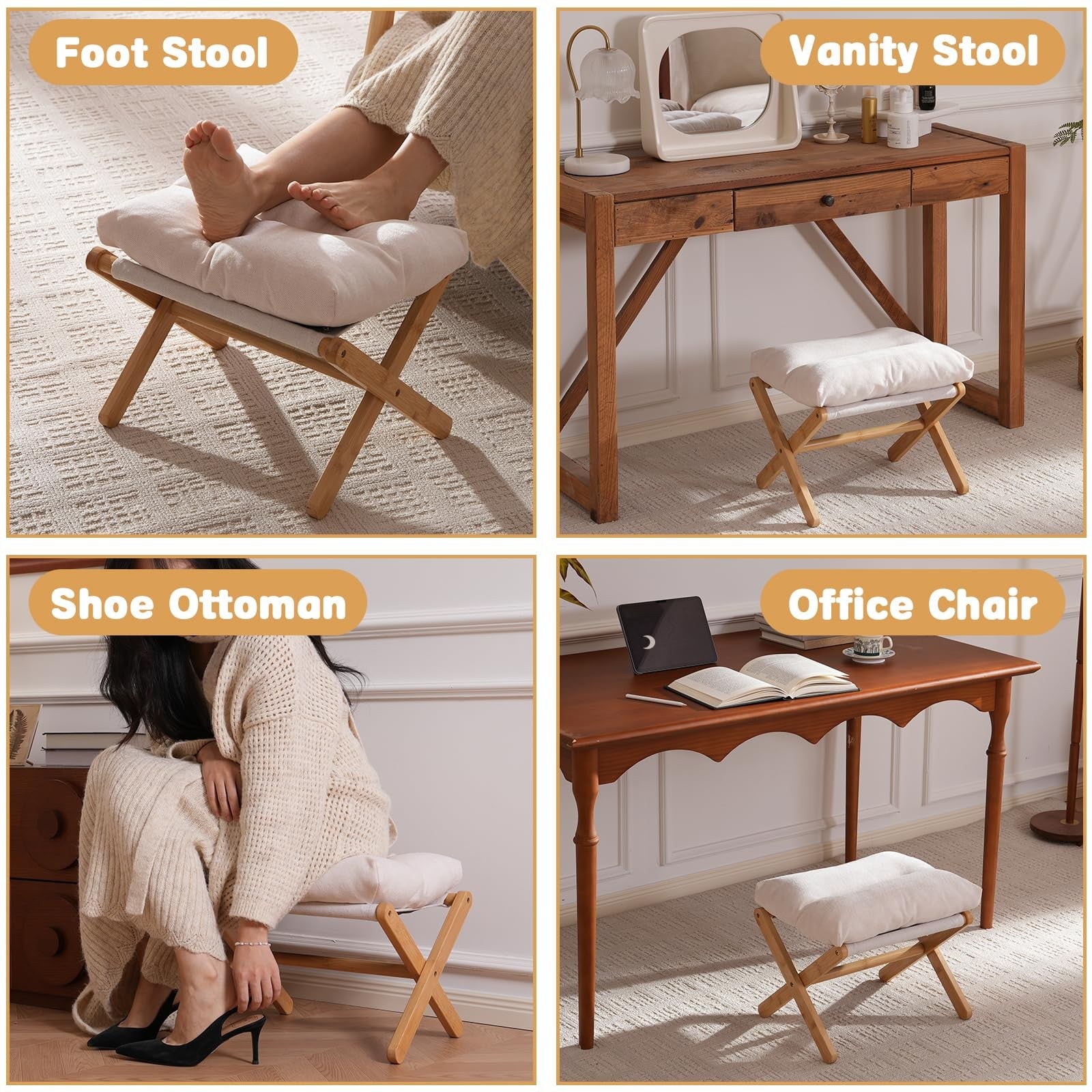 Baveke bamboo foldable ottoman foot rest with U-shaped design, small, lightweight foot stool for comfortable seating and leg support