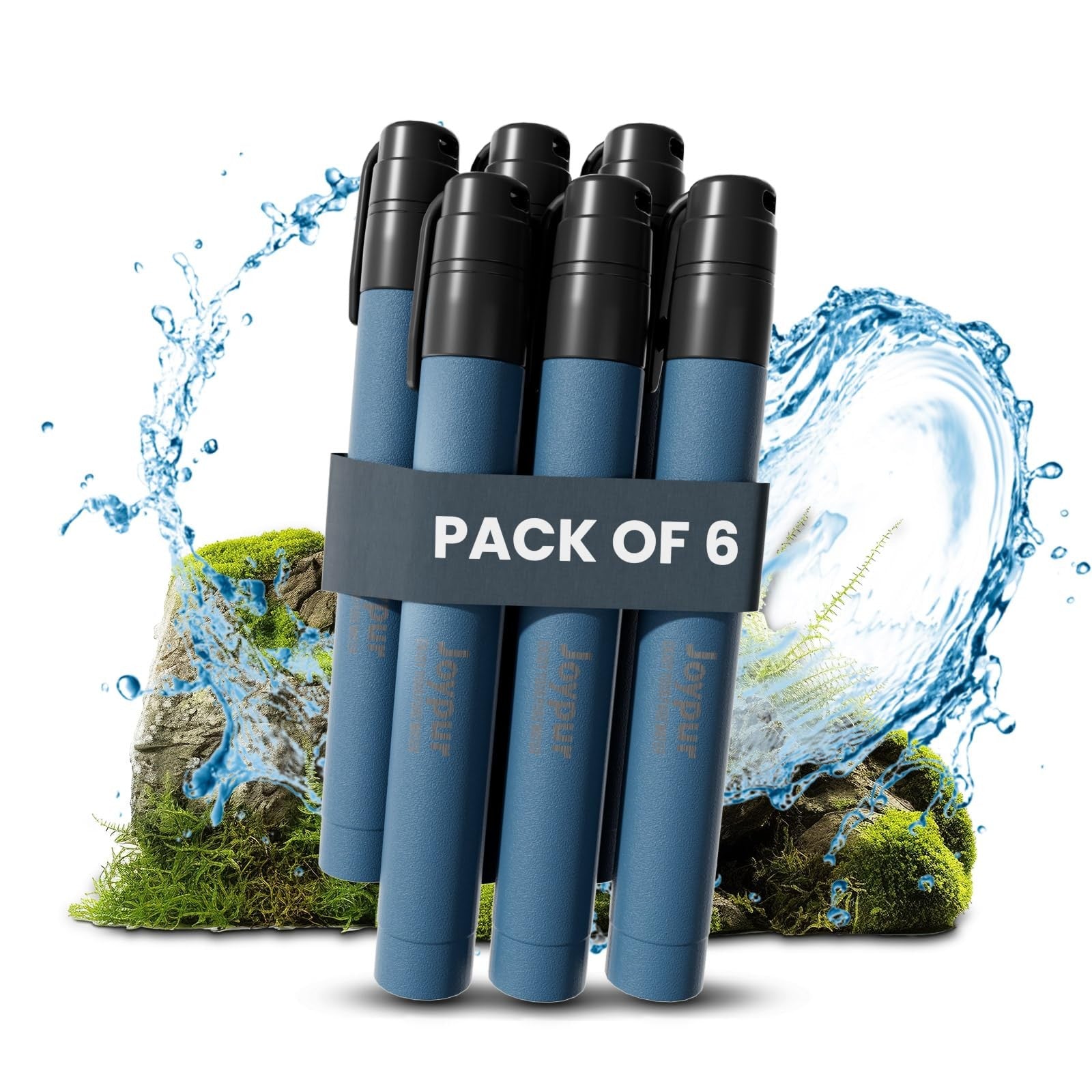 Joypur 6-pack personal water filter straws for hiking and camping, showing compact design and mouthpiece for clean drinking water.