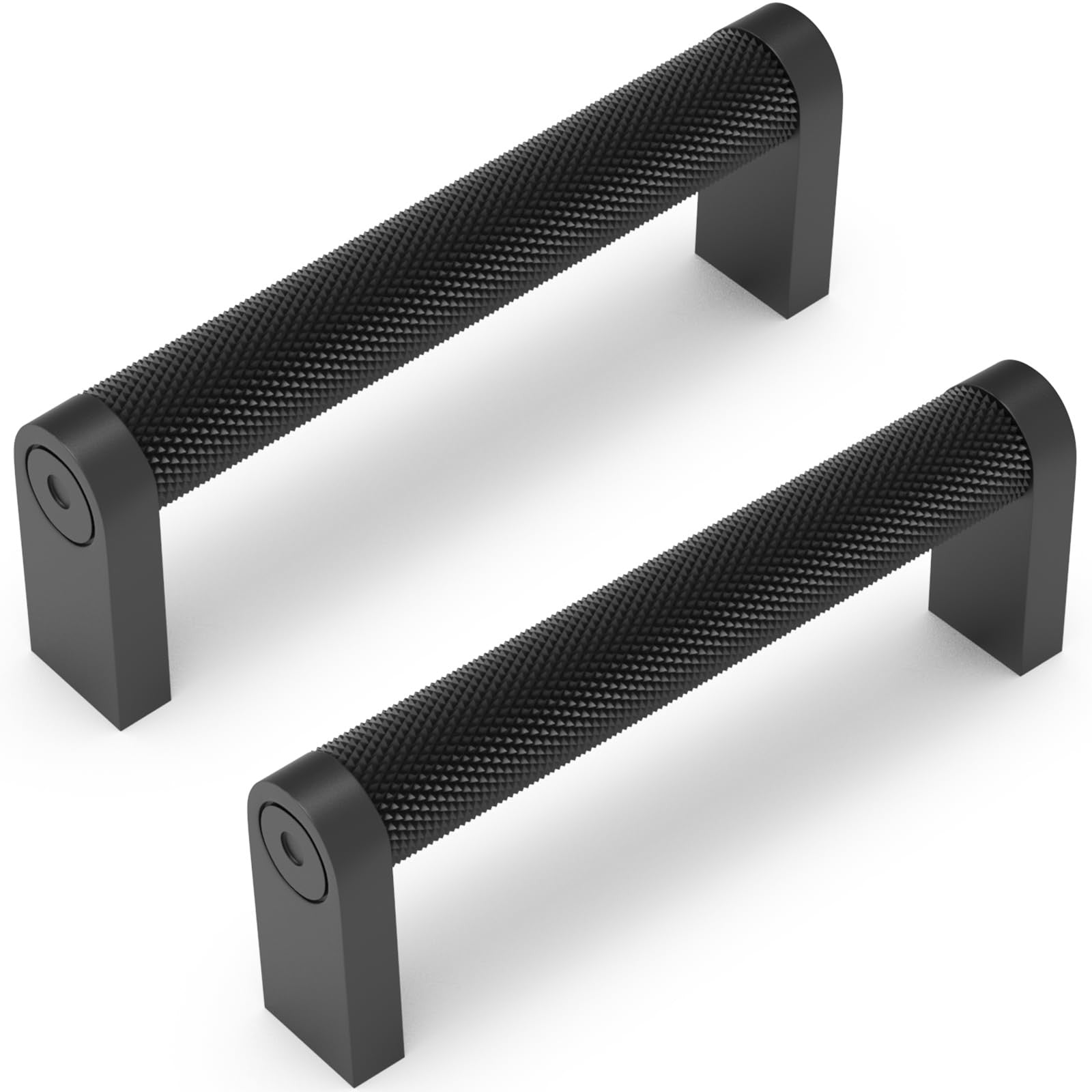 Set of 10 matte black KOMOTIA knurled cabinet pulls with 3-3/4 inch hole centers for kitchen cabinets and drawers.