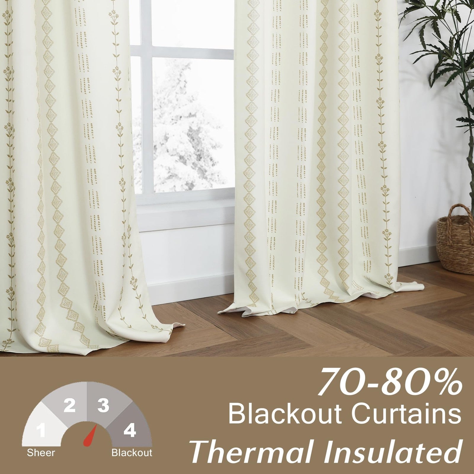 Neutral beige farmhouse curtains for living room, 84-inch long tan blackout curtains by Lino Rosa, with a cozy, rustic style.
