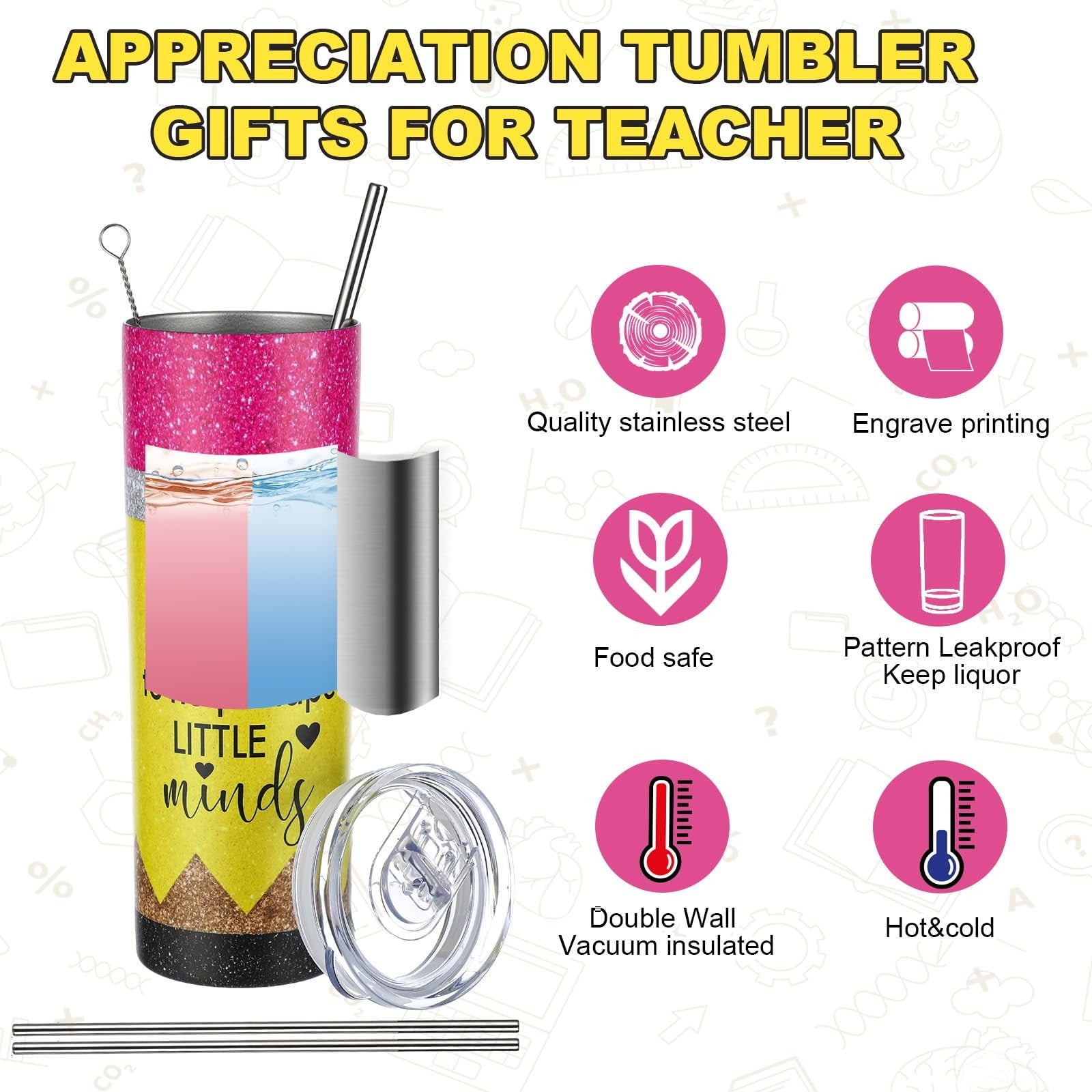 Four Sunnychicc 20oz teacher appreciation gift mugs with colorful designs, ideal for end-of-year teacher gifts.