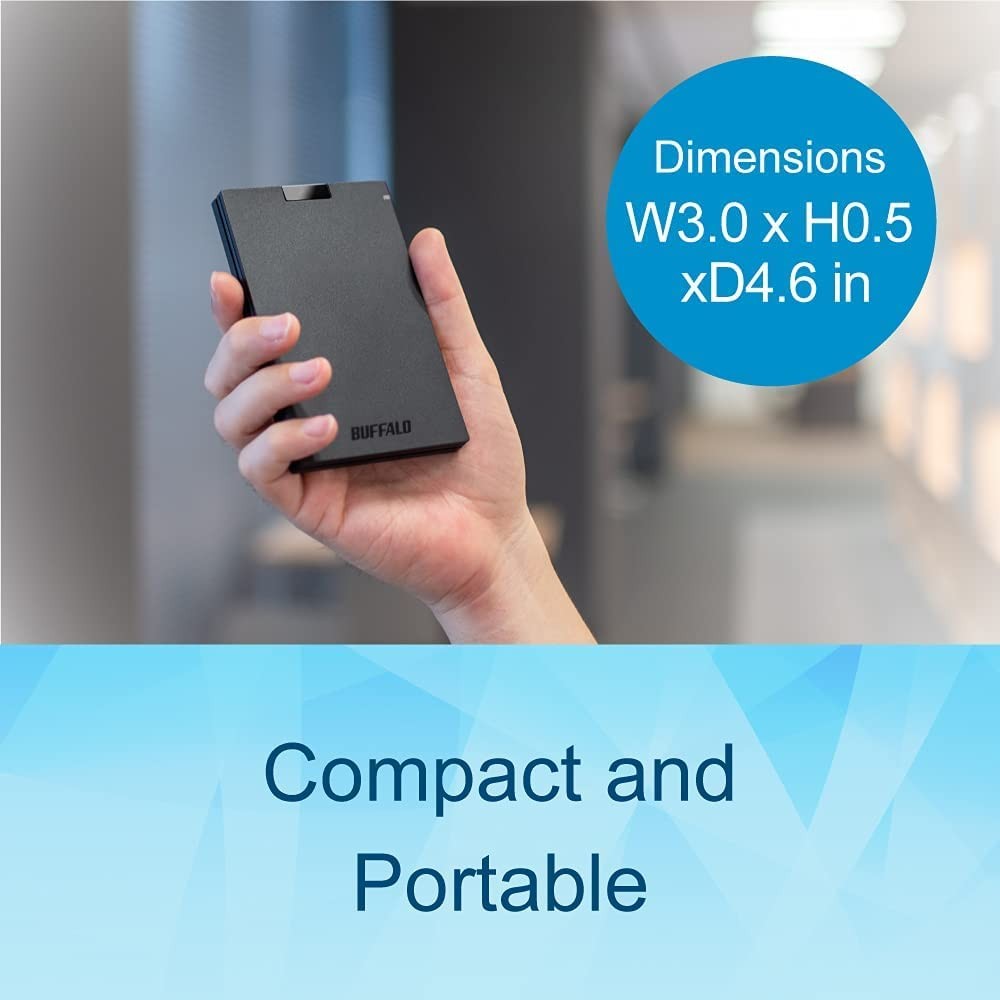 Buffalo 1TB external SSD with USB-C and USB-A ports, compatible with PS4, PS5, Windows, and Mac systems.