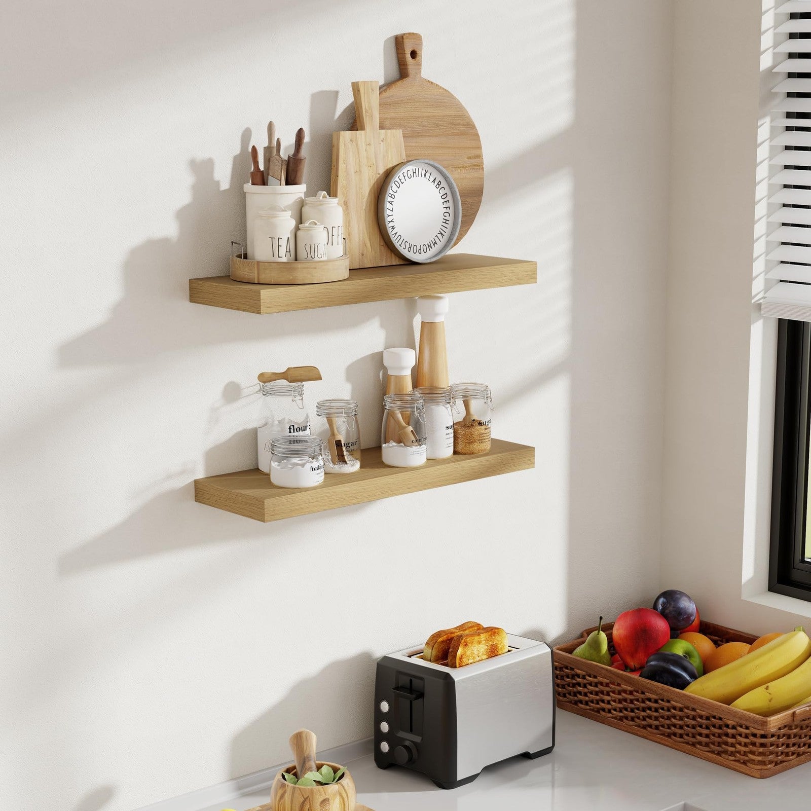 Acovy 24-inch floating wall shelves with 8-inch depth, showcasing a modern, minimalist design for living room or bedroom decor.
