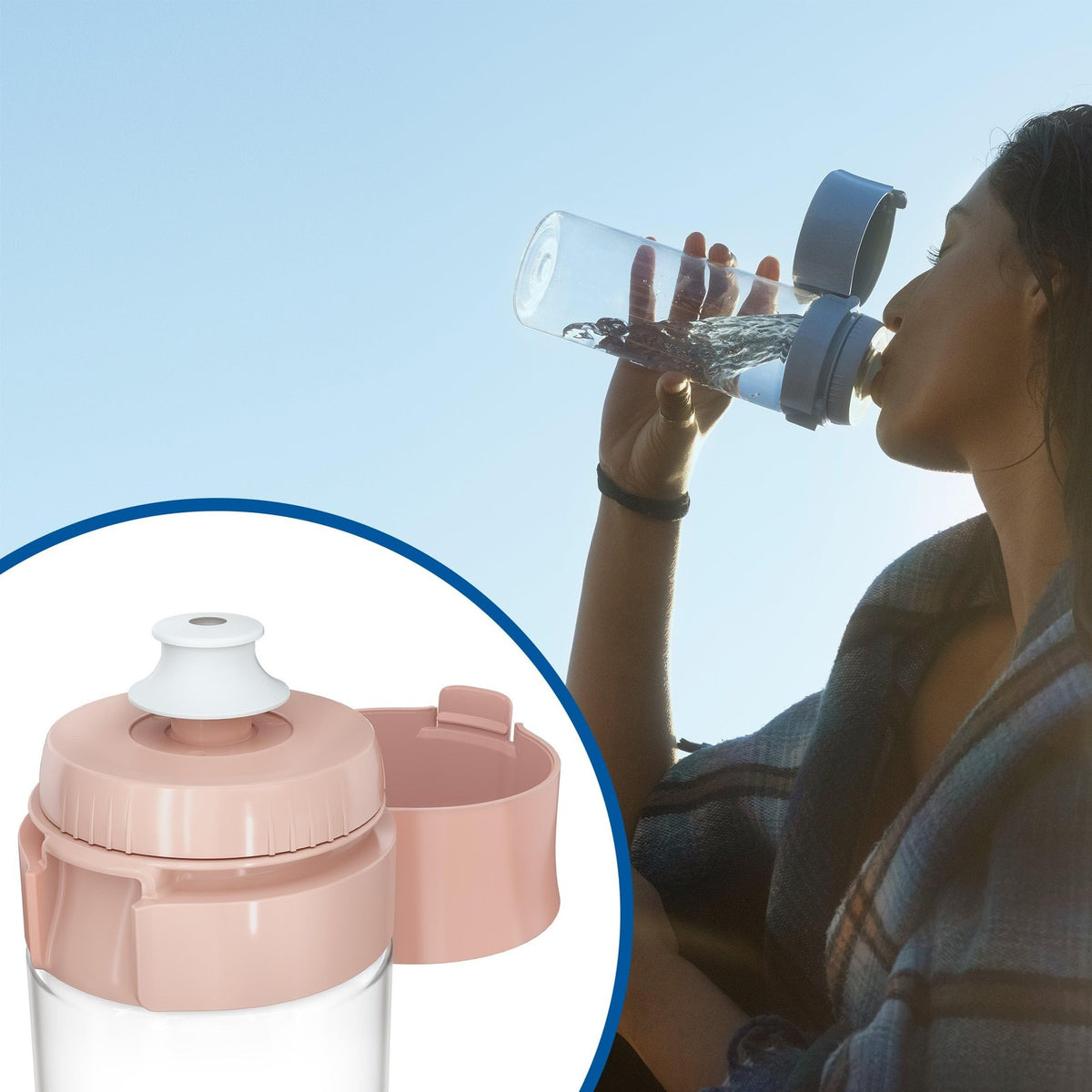 BRITA portable water filter bottle in apricot with 600ml capacity and two microdisc filters, designed for on-the-go hydration.