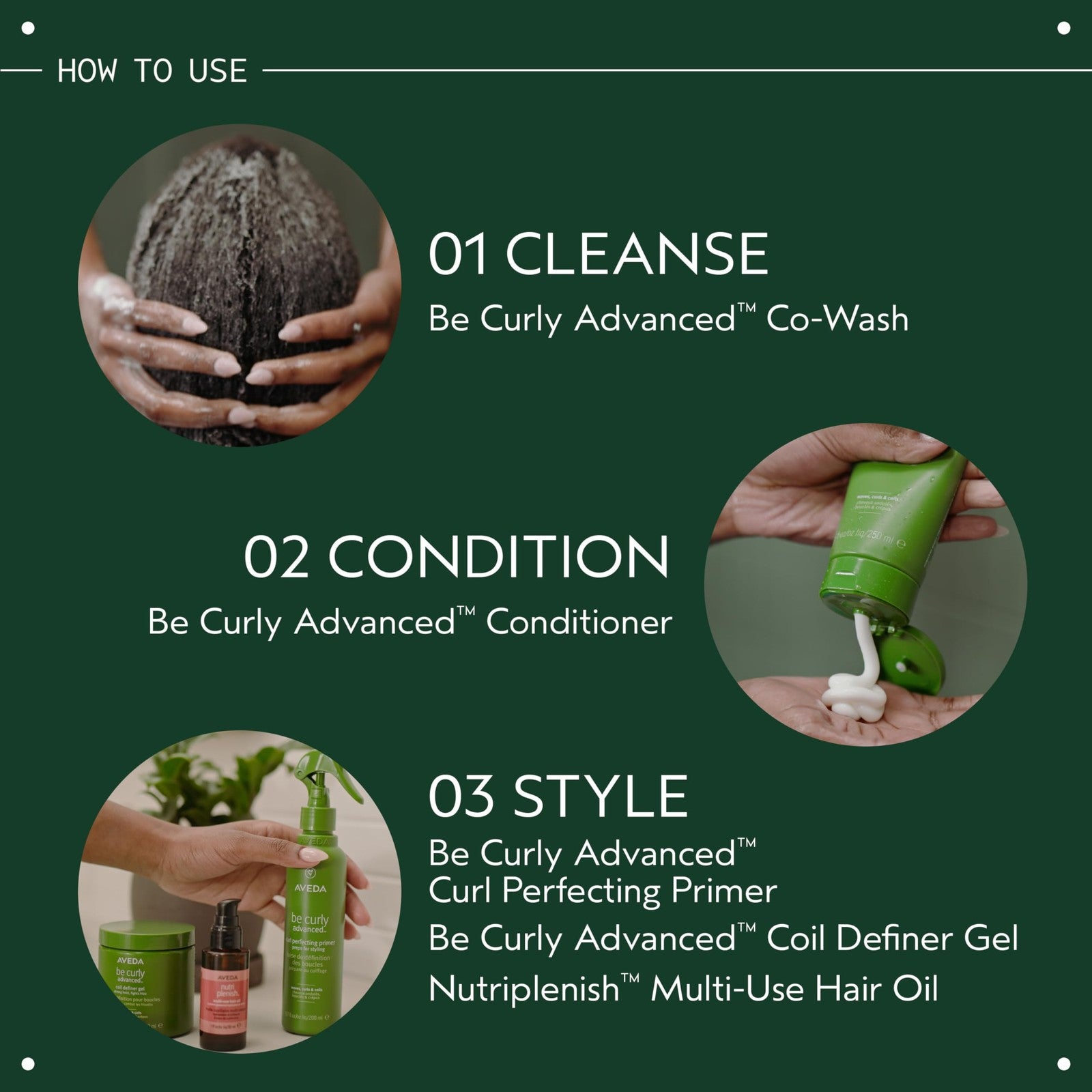 Aveda Be Curly Advanced Co-Wash bottle with curly hair illustration, demonstrating hydrating and curl-enhancing benefits.