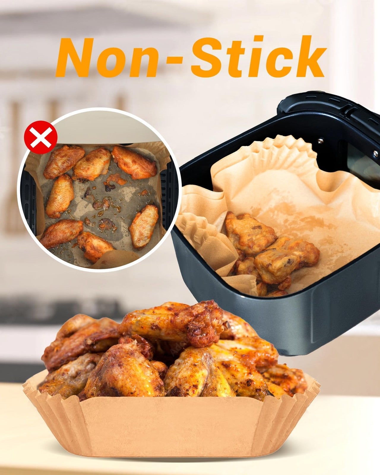 Set of 500 Bake Choice 8-inch square air fryer paper liners, disposable parchment paper for easy cooking and cleanup.