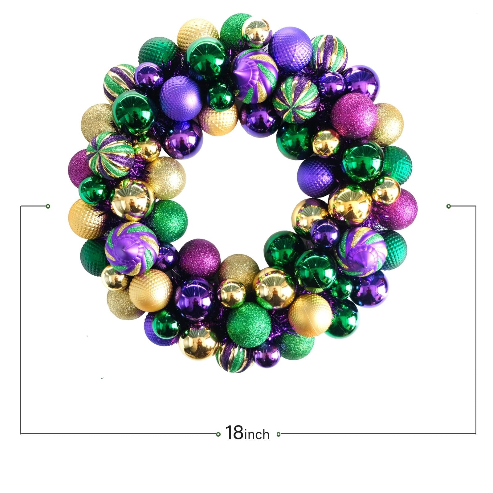 Colorful Bibelot Mardi Gras wreath with 18-inch decorative balls for front door decoration.