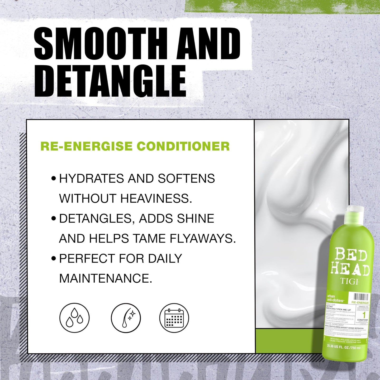 TIGI Bed Head Re-Energize Shampoo and Conditioner set, 2 bottles of 750ml each, with vibrant labels and packaging.