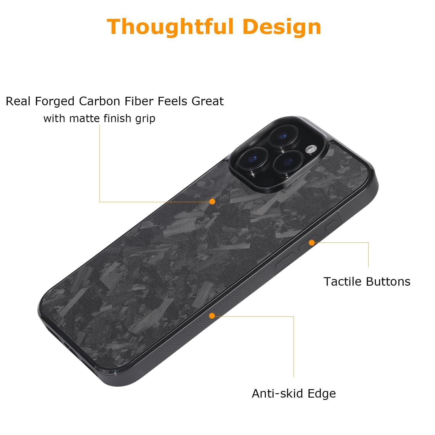 molzar Grip Series iPhone 16 Pro Max case with real forged carbon fiber texture and durable build, shown in close-up detail.