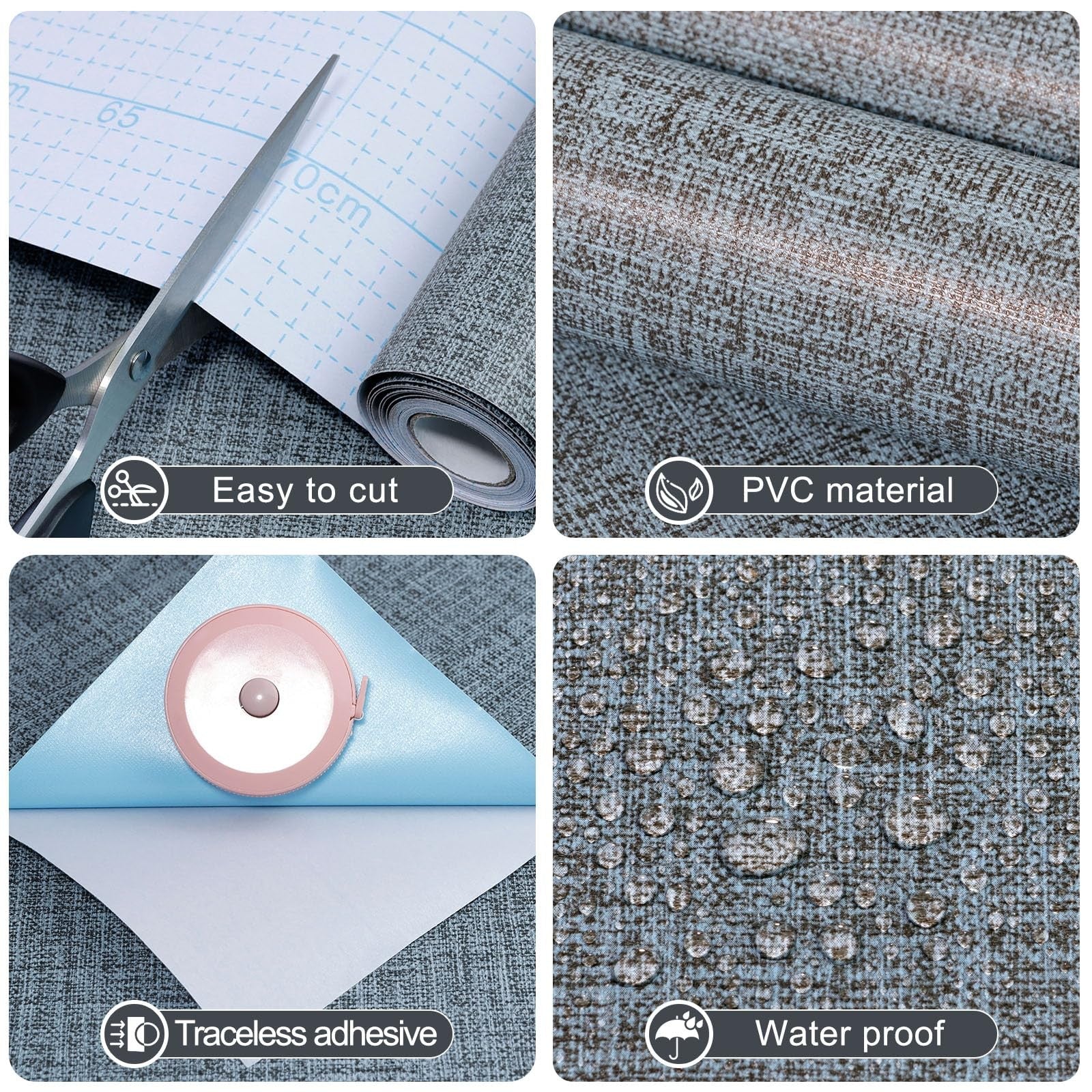 Blue Amiya grasscloth wallpaper peel and stick faux fabric linen contact paper with textured grasscloth design.
