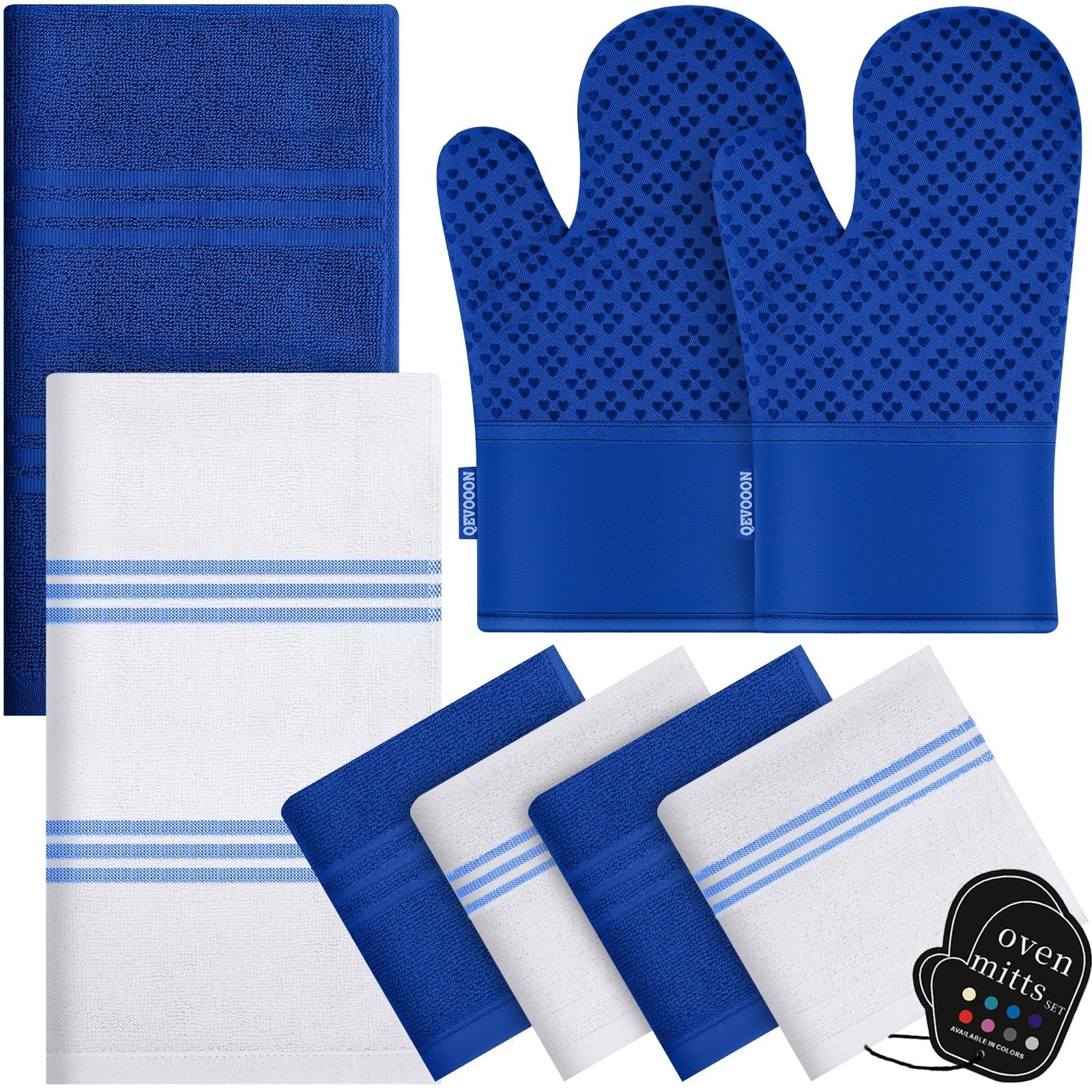 Set of Qevooon cotton dish towels, dishcloths, and oven mitts for kitchen, featuring colorful, absorbent tea towels and protective mitts.