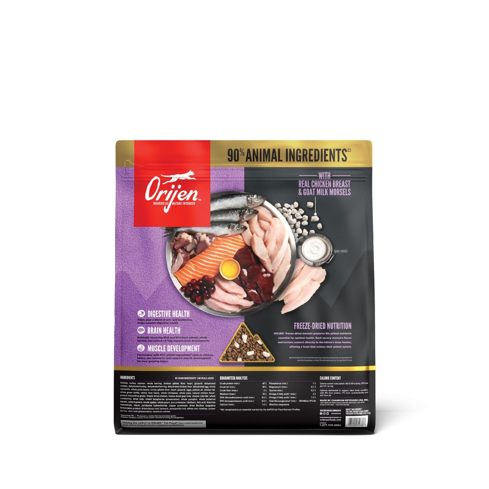 ORIJEN Wild Reserve dry cat food with free-run chicken and wild-caught fish for kittens, showing the kibble and packaging.