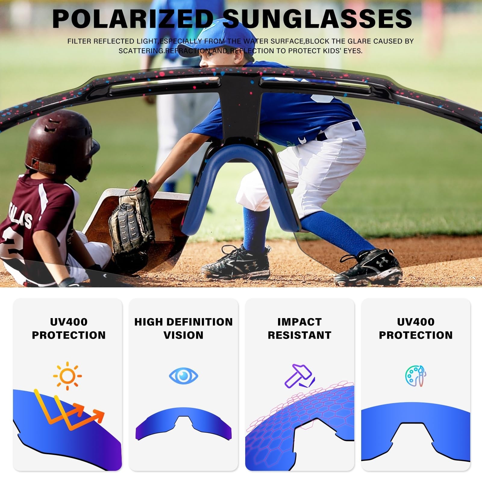 DioKiw 4-pack kids polarized sunglasses for boys and girls, featuring sporty baseball soft frames and colorful lenses.