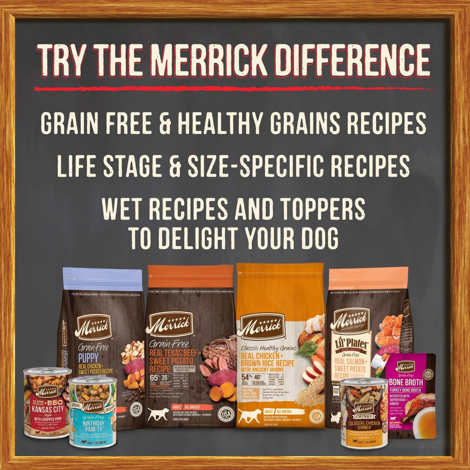 Canned Merrick grain-free dog food with soft, healthy, and natural texture in a full can, suitable for nutritious pet meals