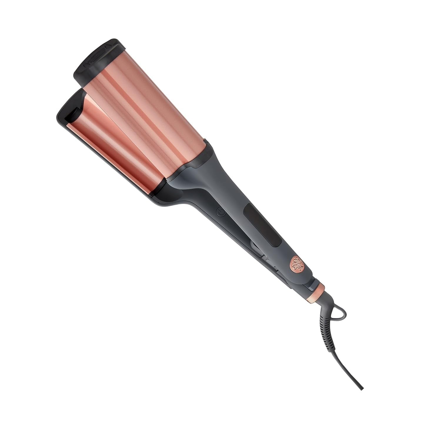 Hairitage 3 barrel curling iron with ceramic tourmaline coating for creating beach waves and curls, showing the iron's barrels and handle.