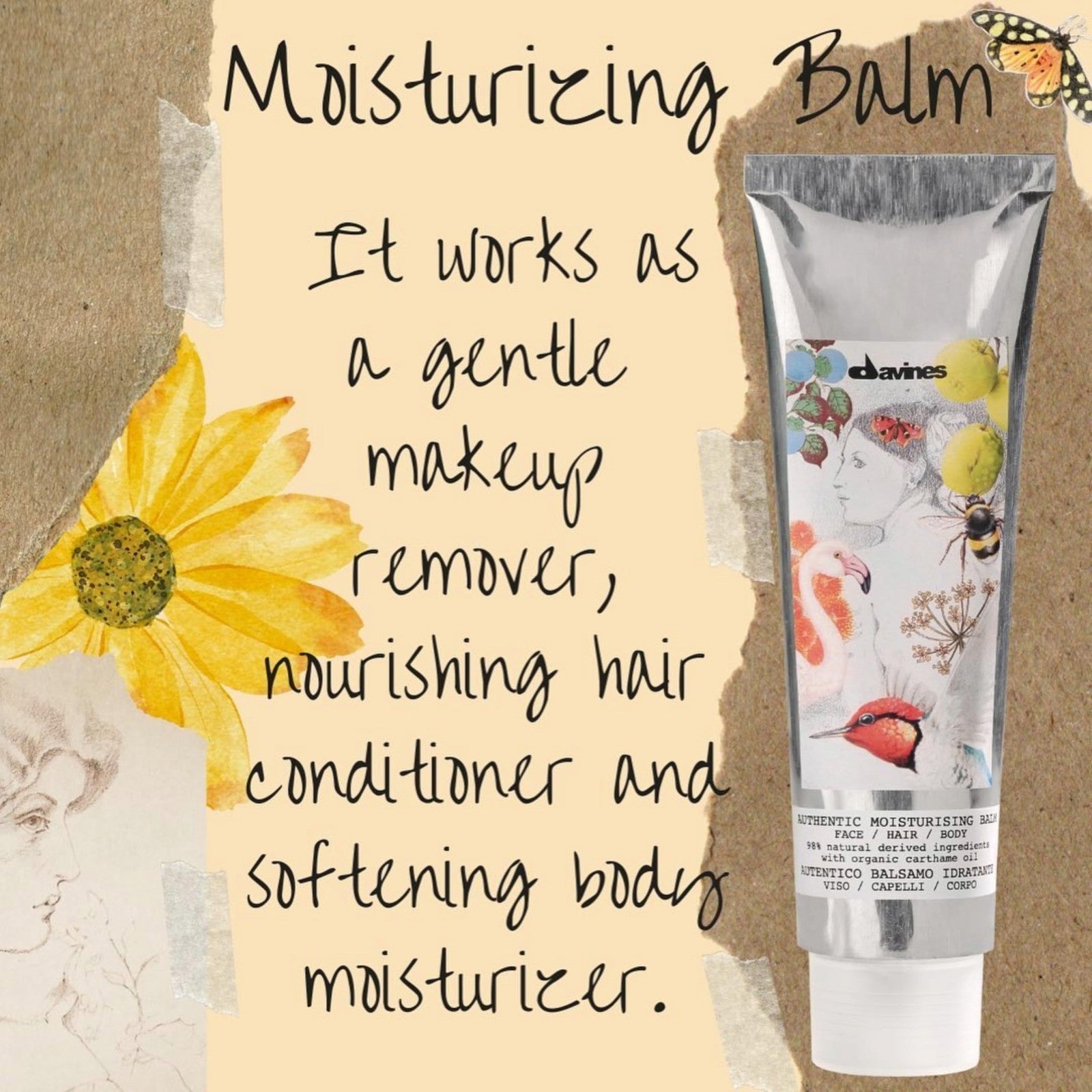 Davines Authentic Moisturizing Balm, multi-functional conditioner for face and hair, with a creamy texture in a white jar.