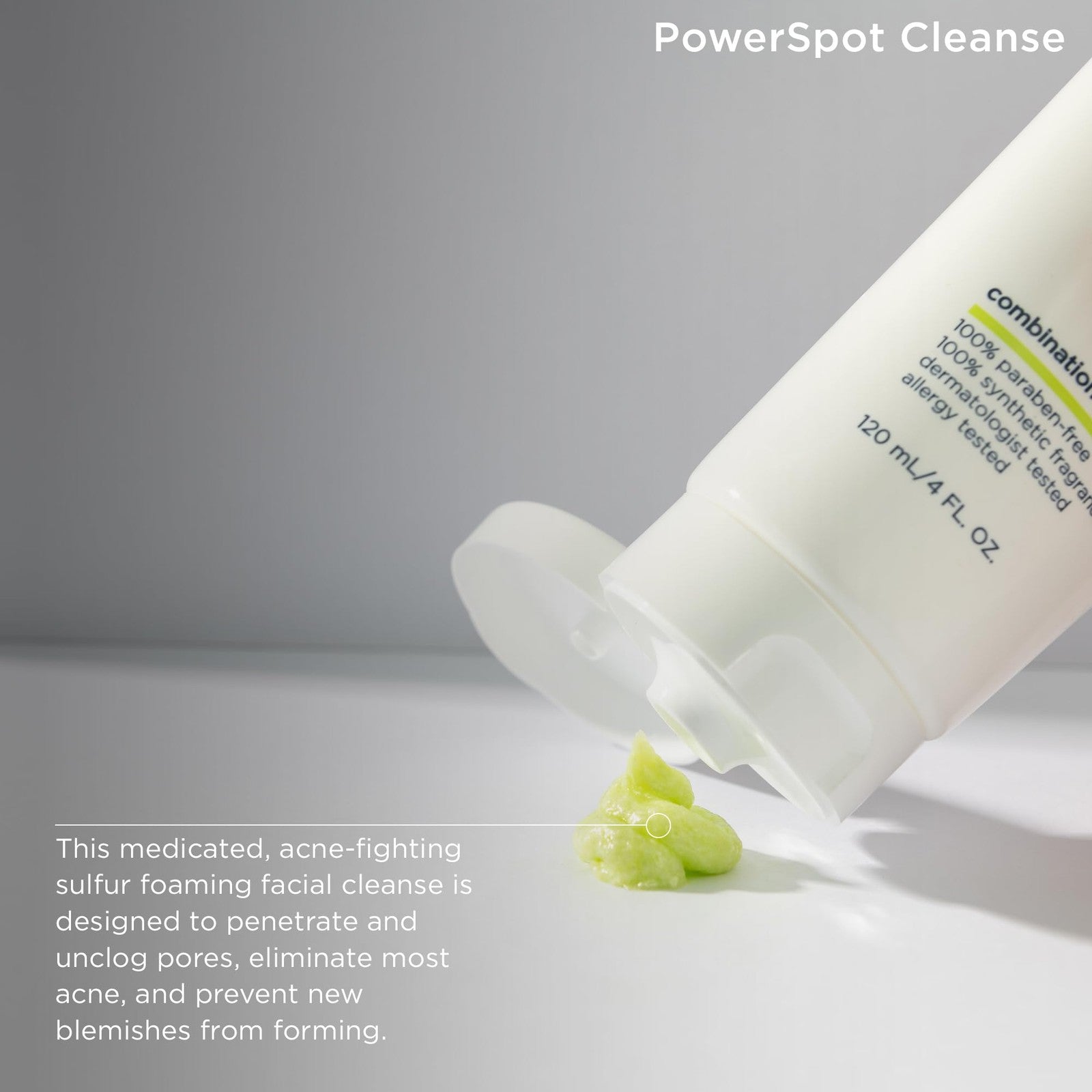 m-61 PowerSpot Cleanse clarifying acne-fighting cleanser with 3% sulfur and glyco, showing the product bottle and label.