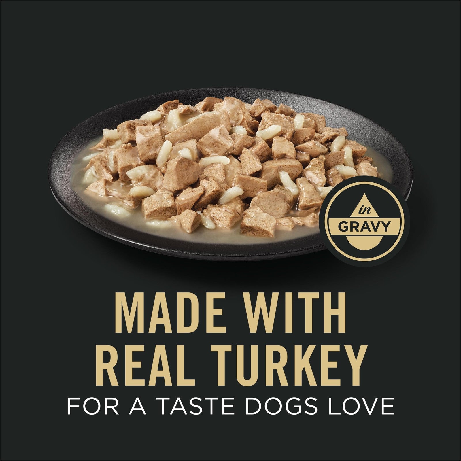 Purina Pro Plan Sensitive Skin and Stomach Turkey and Oat Meal Entree in Gravy cat food bowl with food.