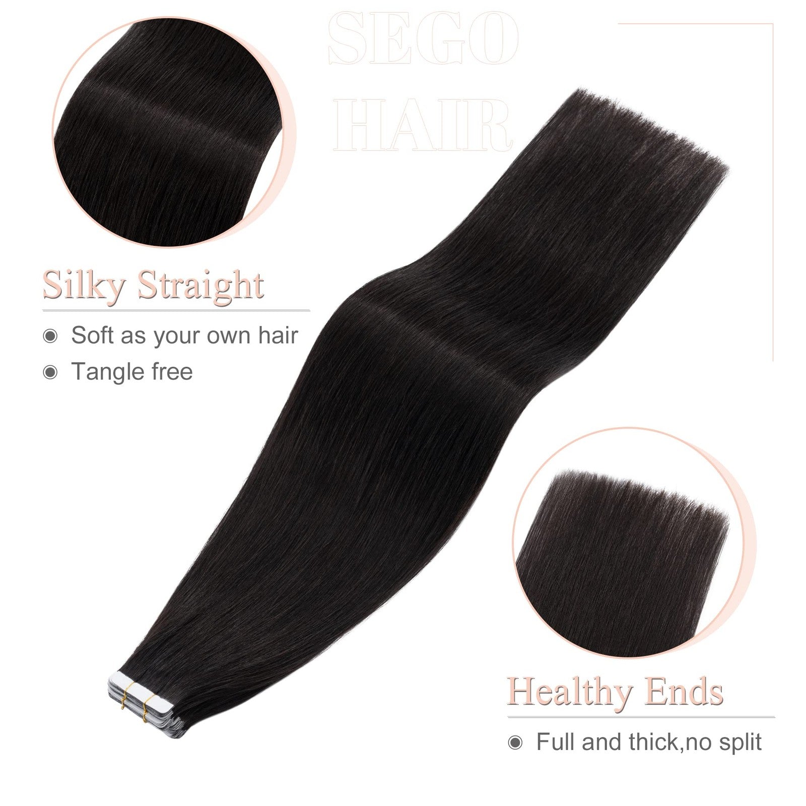 Natural black Sego Tape-In Hair Extensions with 20 pieces, 22-inch Remy human hair, lightweight 50g for seamless blending.