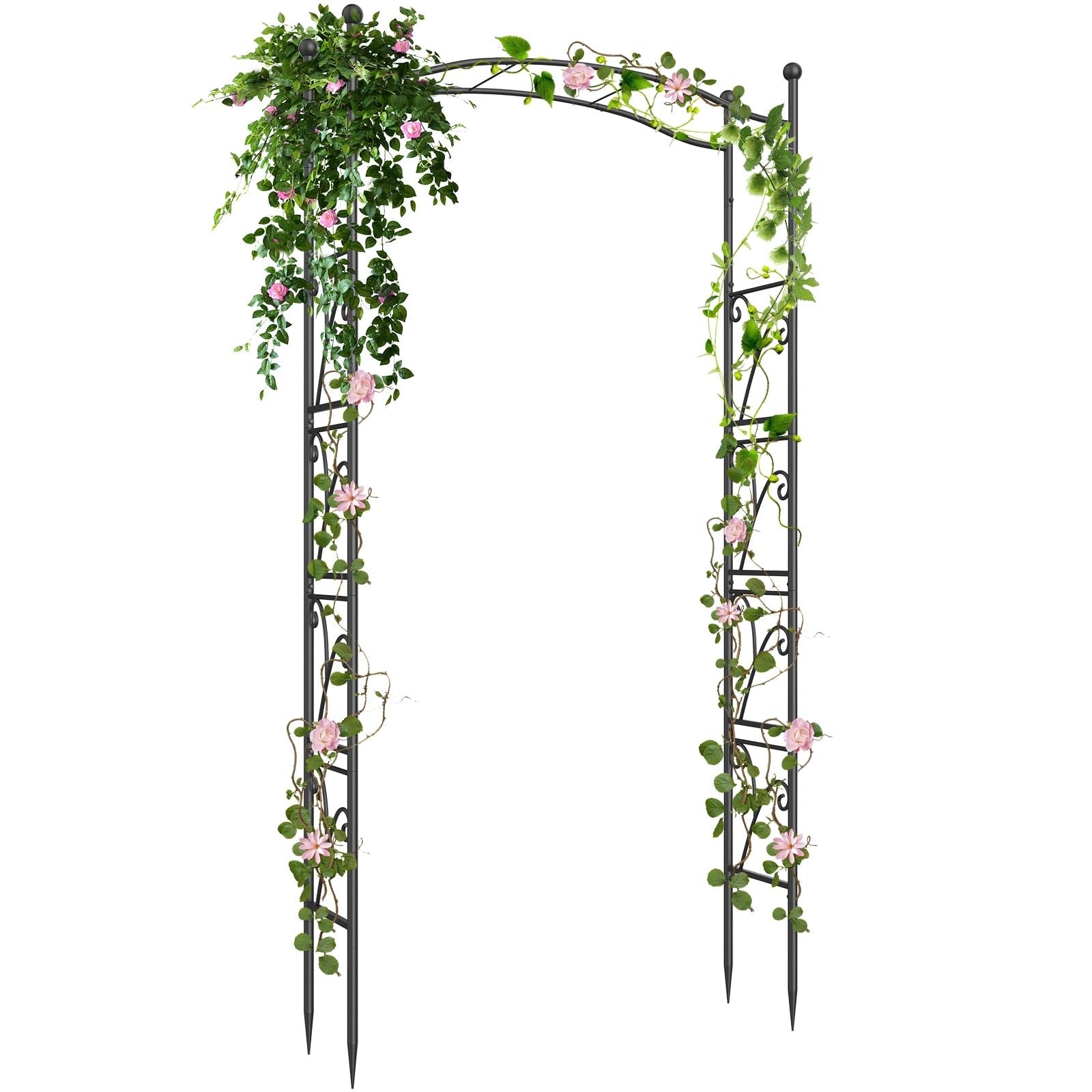 YAHKBTEN 7FT metal garden arch trellis with decorative design, ideal for wedding backdrop or garden decoration.