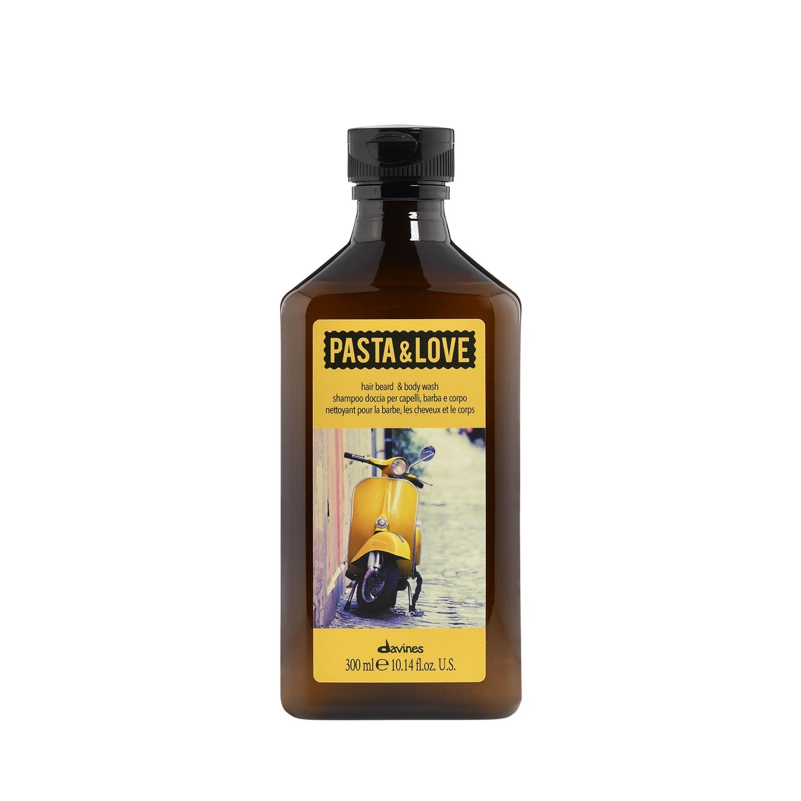 Davines Pasta & Love 3-in-1 Hydrating Hair, Beard & Body Wash with gentle cleanser, featuring a white bottle with blue accents.