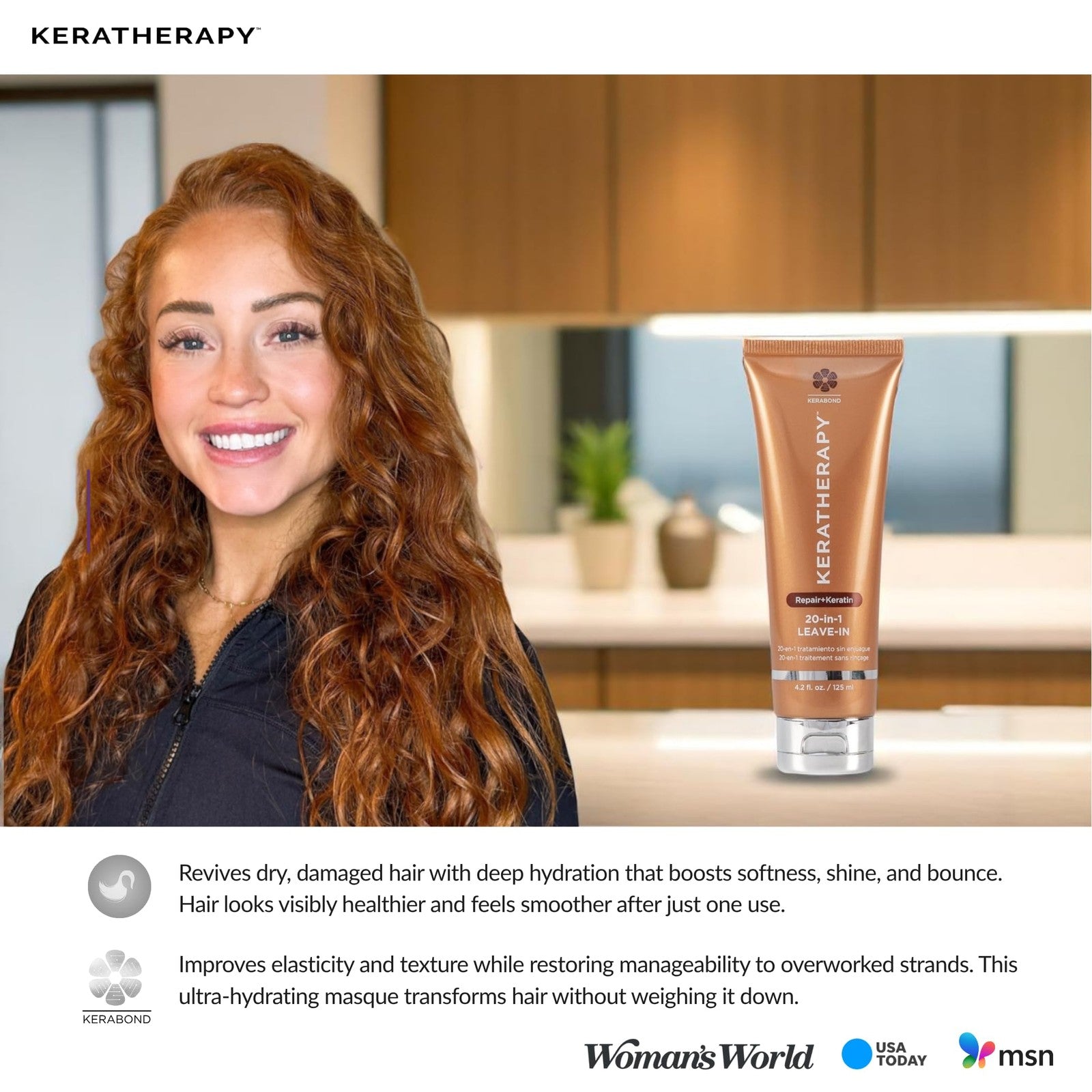 Keratherapy Keratin Infused KeratinFIXX 20-in-1 leave-in treatment bottle, 4.2 oz, with sleek packaging.