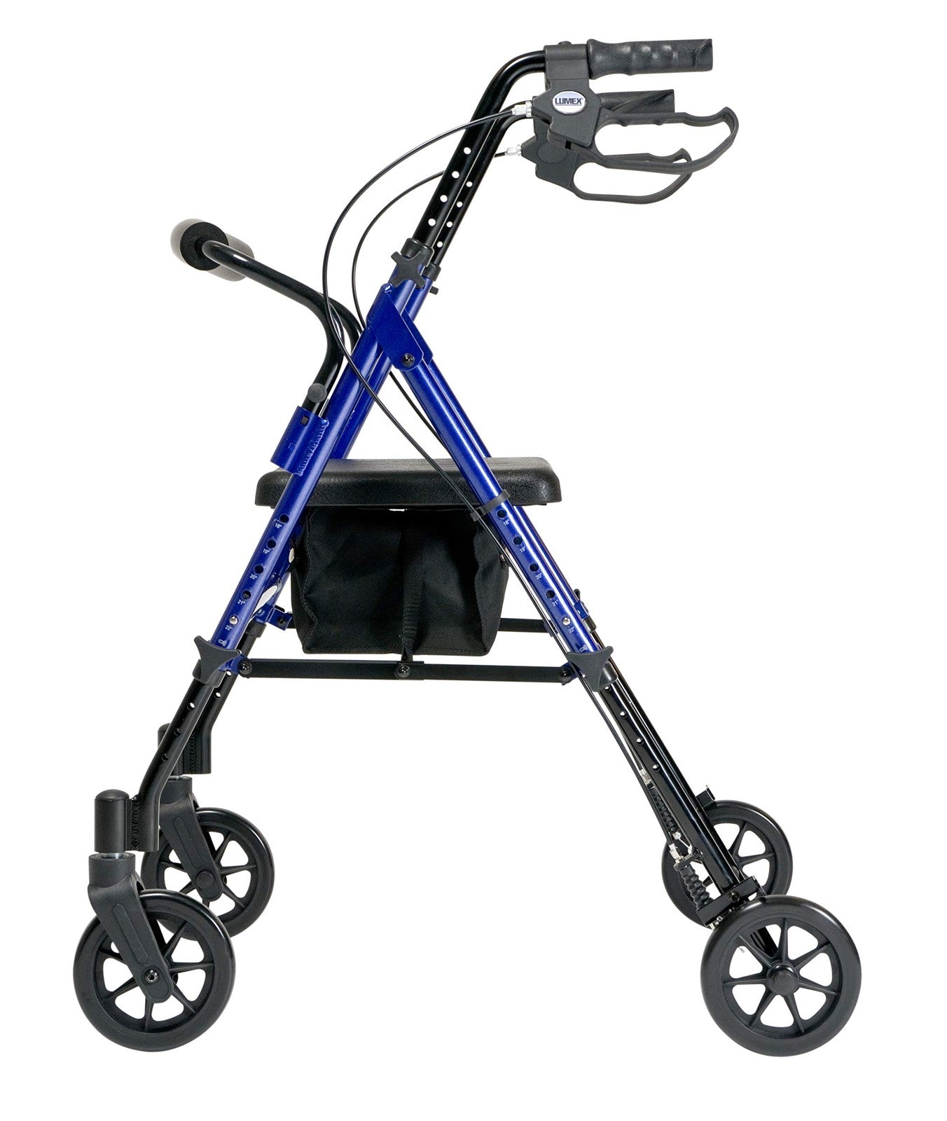 Height-adjustable Lumex Set N Go rollator with four wheels, padded seat, and ergonomic handles for easy walking support.