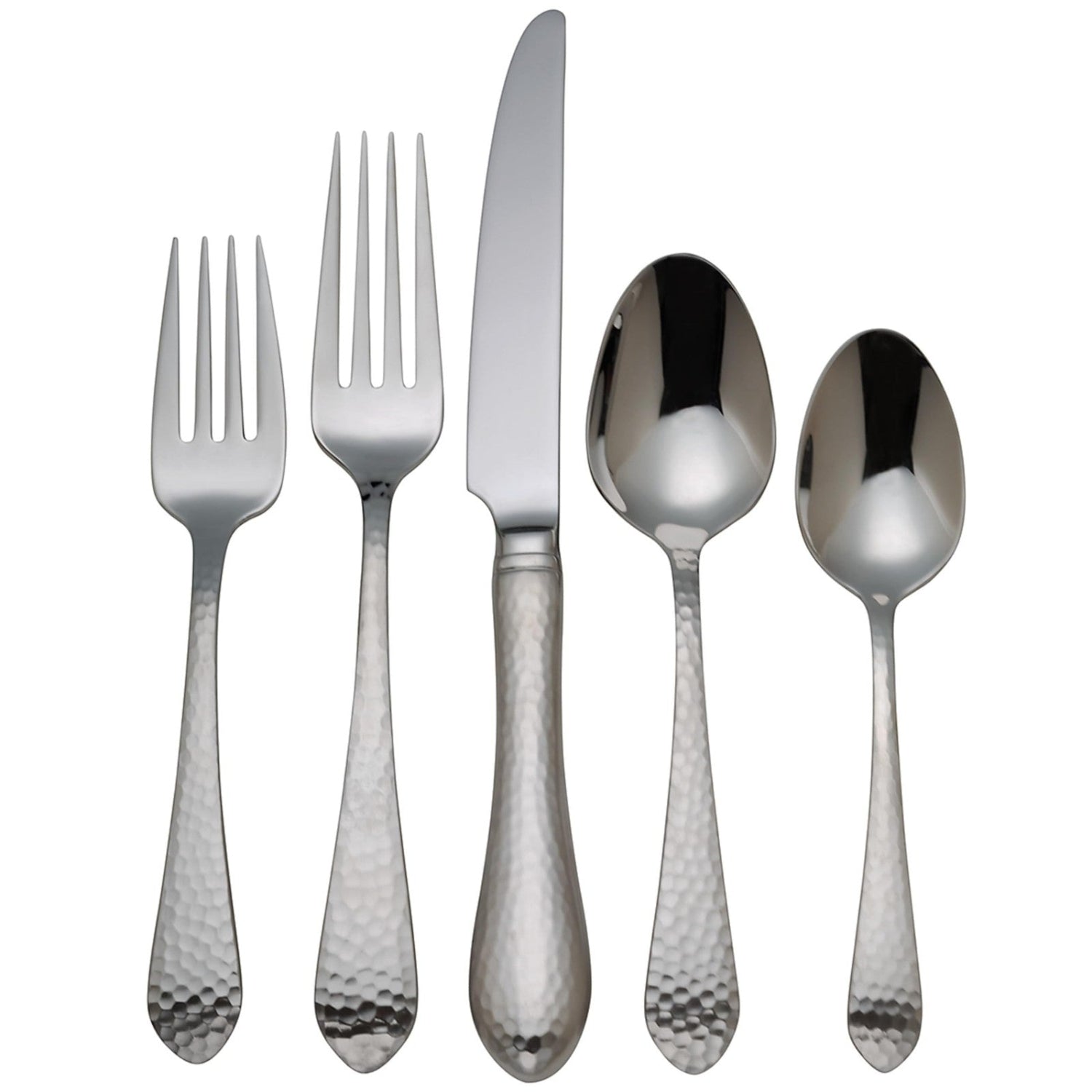 Reed & Barton hammered antique silverware set with 5-piece flatware place setting, including fork, knife, spoon, and teaspoons.