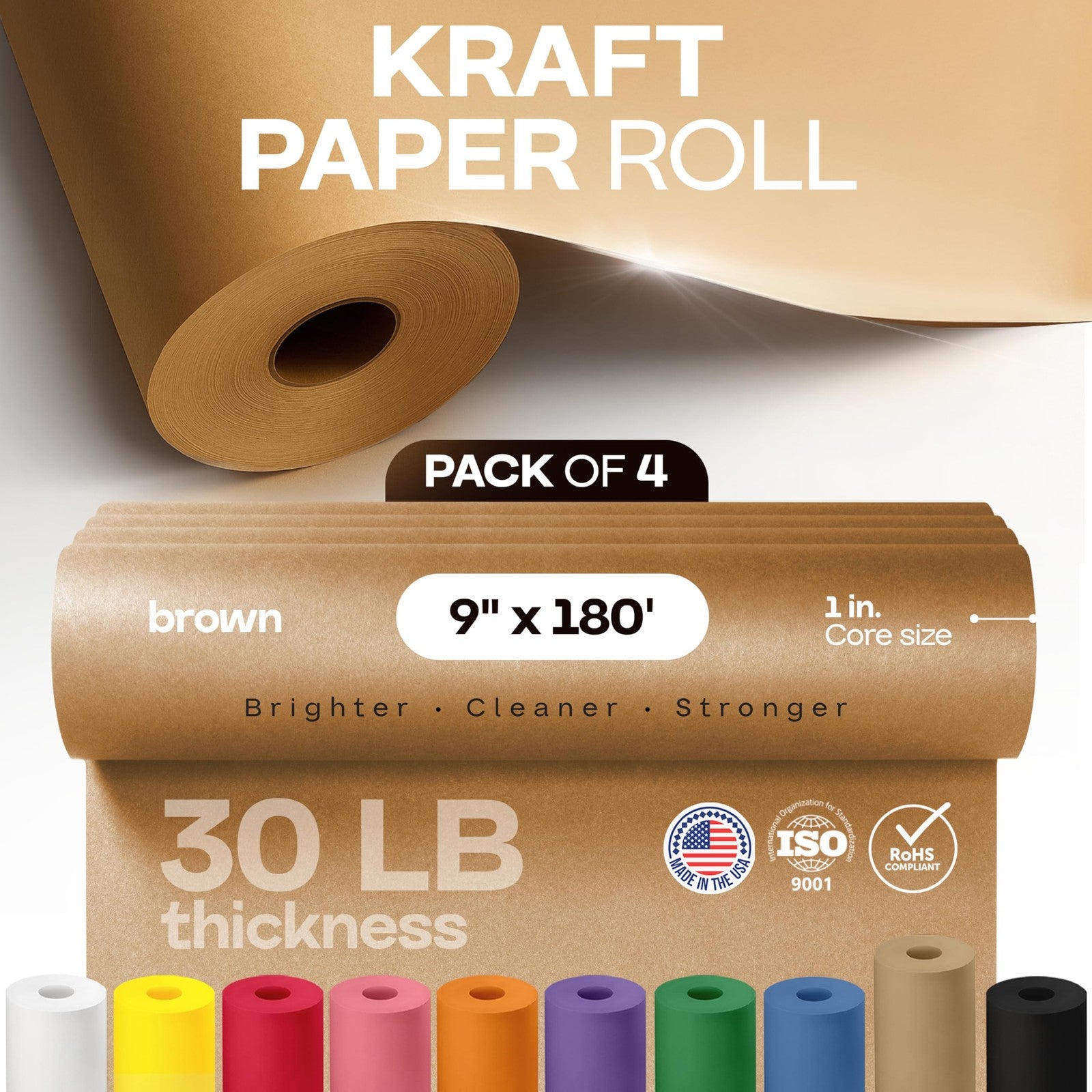 IDL Packaging 4-pack brown kraft paper rolls for gift wrapping and kids arts, showing 9-inch by 2160-foot craft paper rolls.