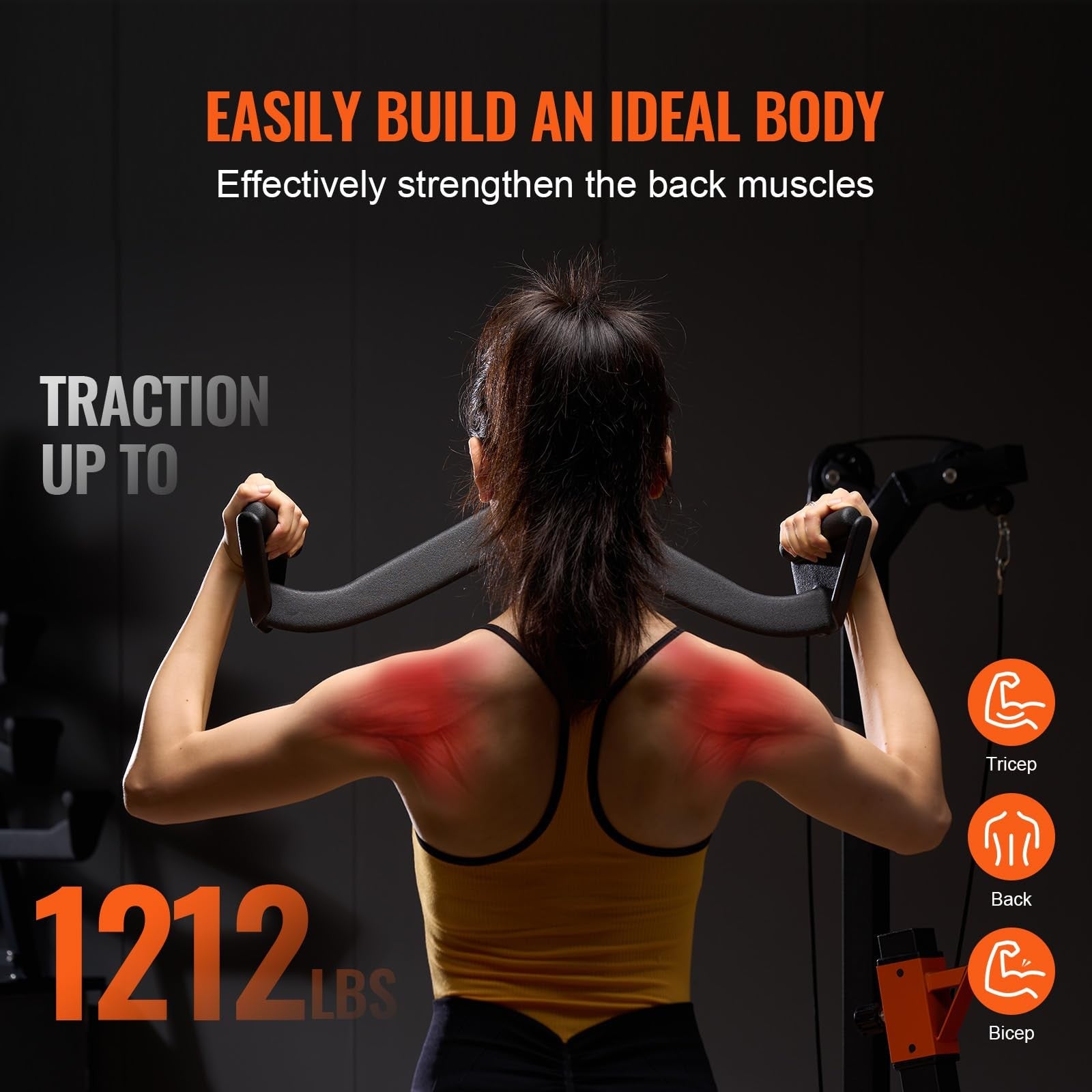 VEVOR LAT pulldown attachment with V-bar for cable machine rowing and tricep exercises, sturdy metal construction, black finish.