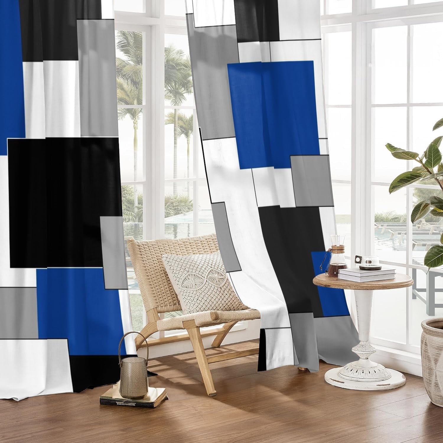 Blue and black geometric curtains for living room by XFLINGBAO, 84-inch length, stylish window treatment with modern design.