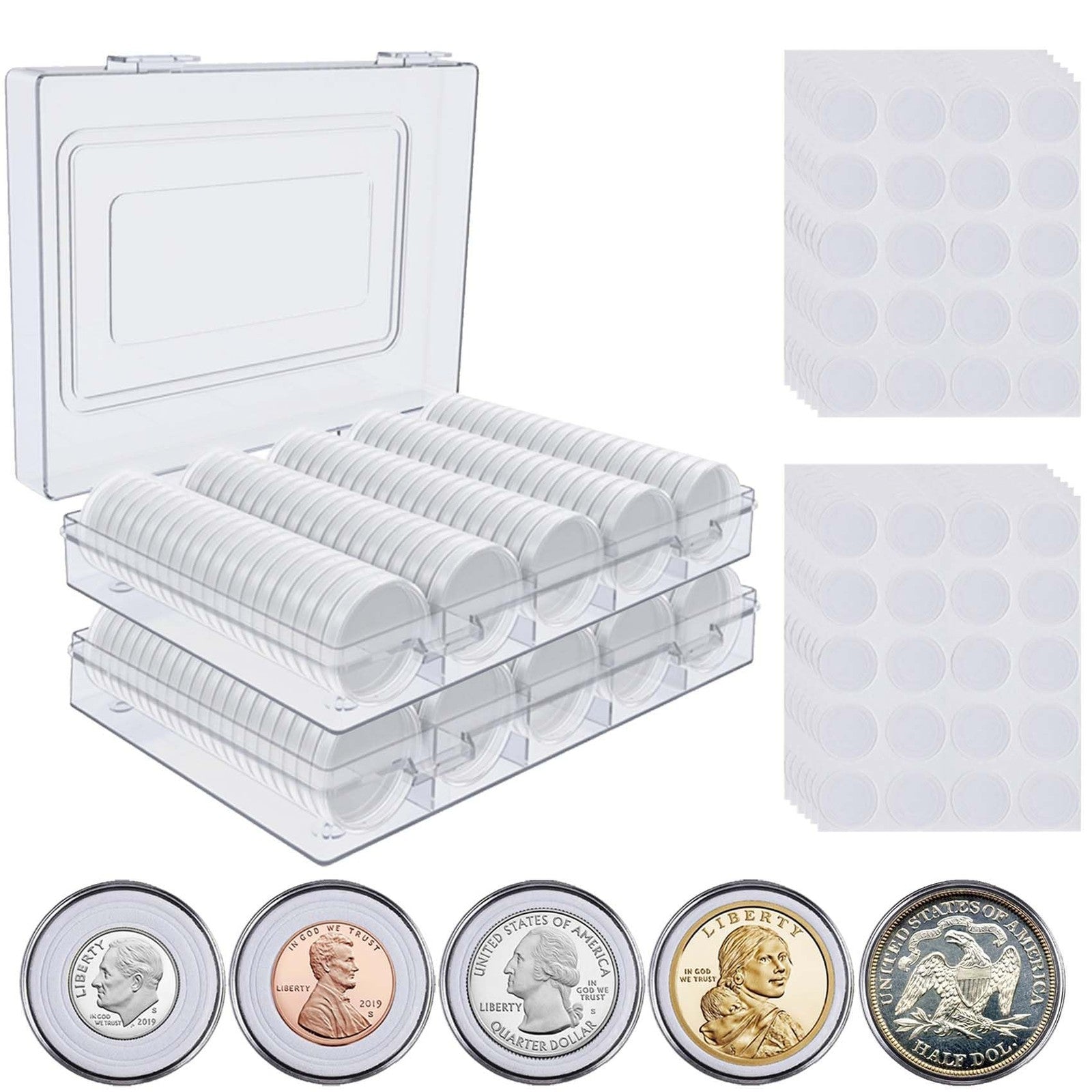Set of 10 EnoYoo 30mm coin capsules with foam gaskets and plastic storage organizer for coin collection and protection.