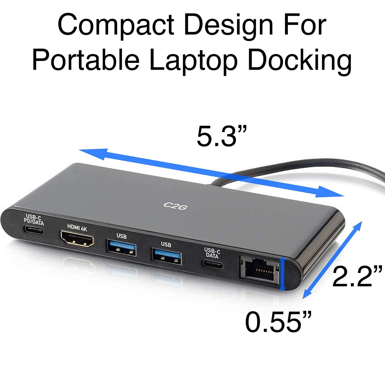 C2G USB-C 6-in-1 mini dock with 4K HDMI, Ethernet port, USB ports, and Power Delivery, connected to a laptop.