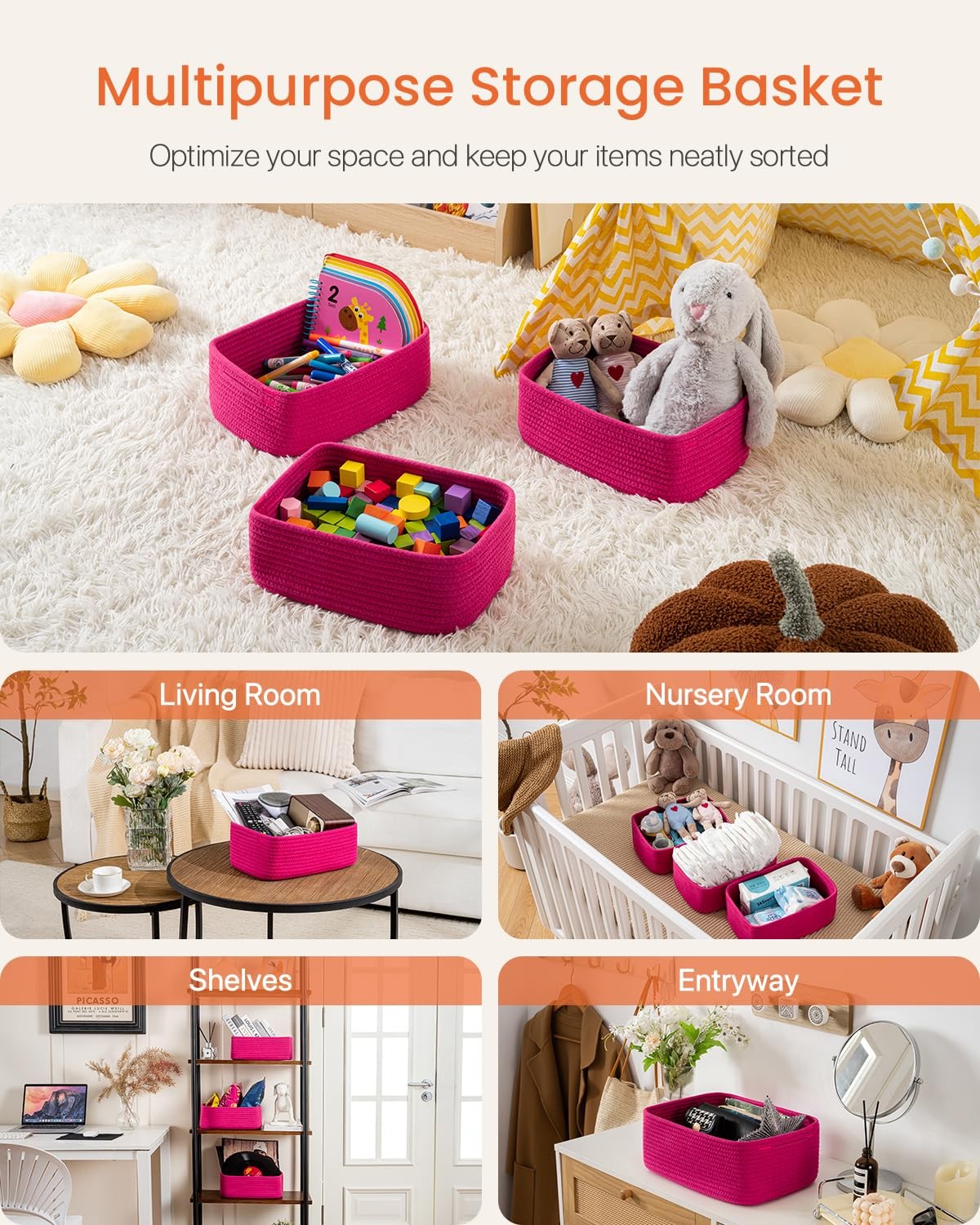 Set of three small woven KALLAX storage baskets with rope handles, measuring 12x8x4.5 inches, for organizing and shelf storage.