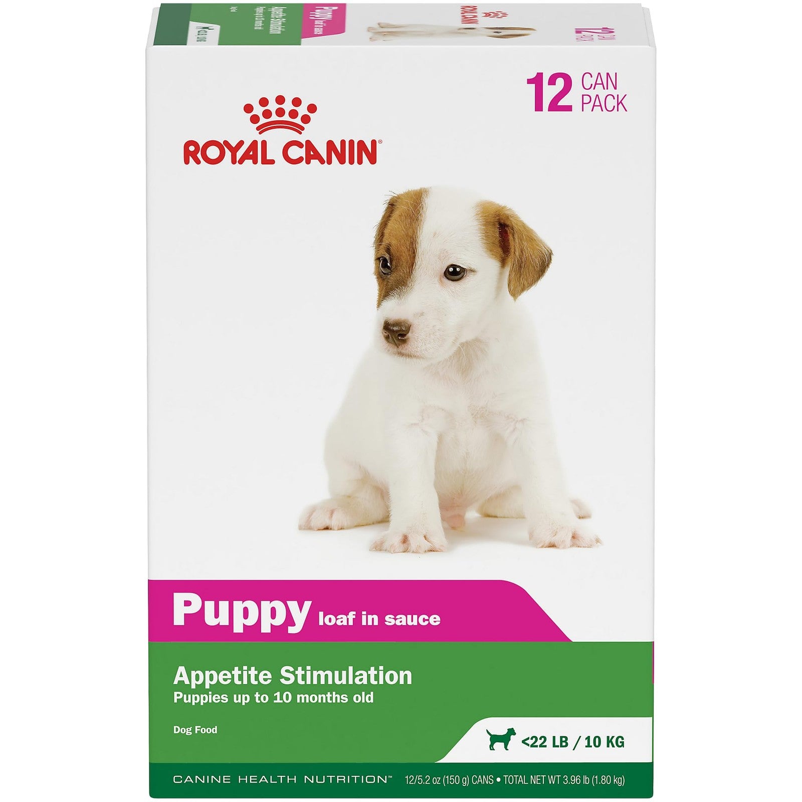 Royal Canin Canine Health Nutrition puppy loaf in sauce dog food, 5.2 oz, served in a bowl with moist, tender dog food.