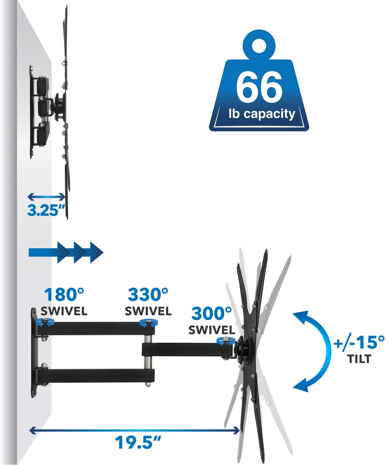 Mount-It! full motion TV wall mount bracket for 23-55 inch LCD and LED 4K TVs with swivel and tilt features.