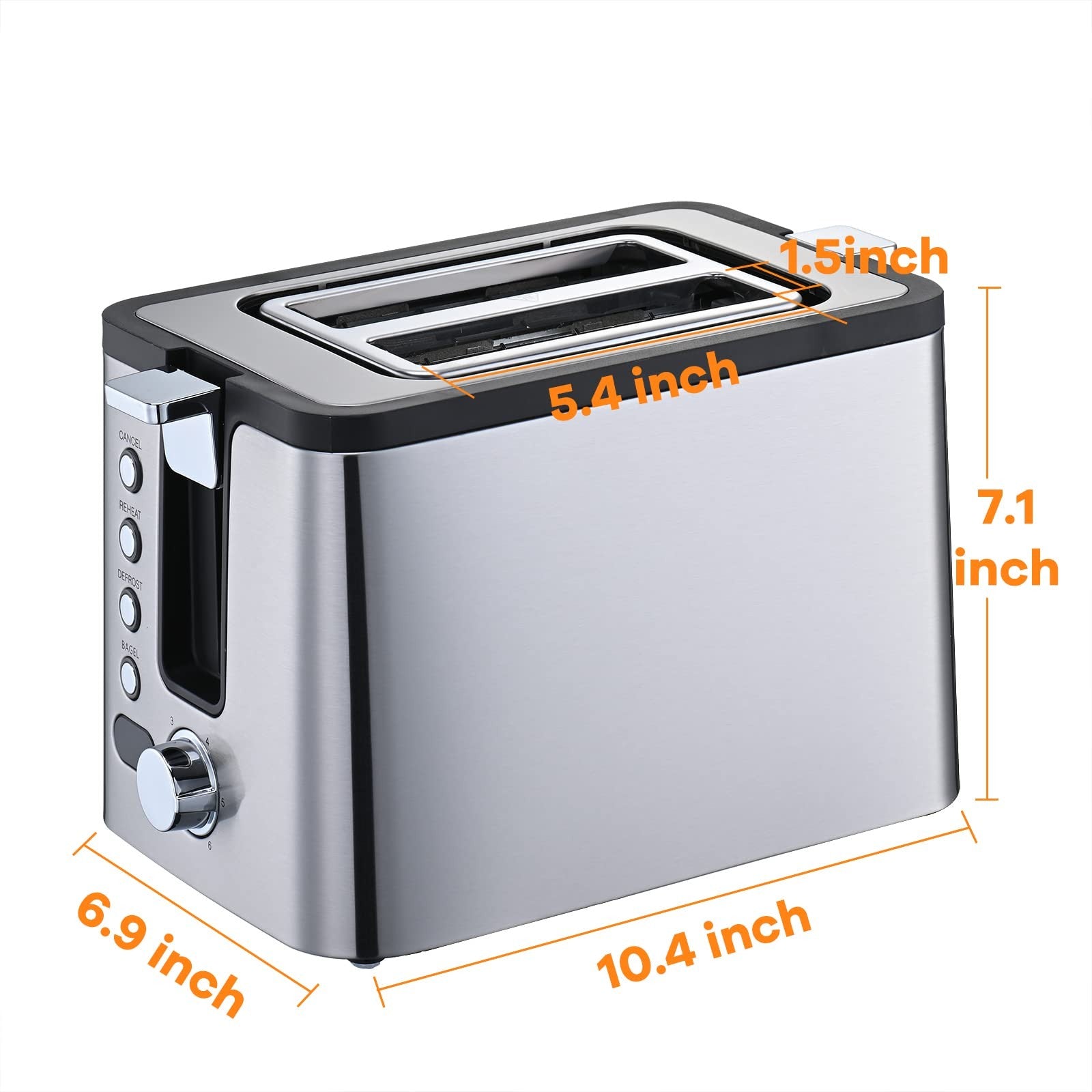 Mecity 2-slice stainless steel toaster with timer, bagel, defrost, reheat, and cancel buttons, on a kitchen countertop.