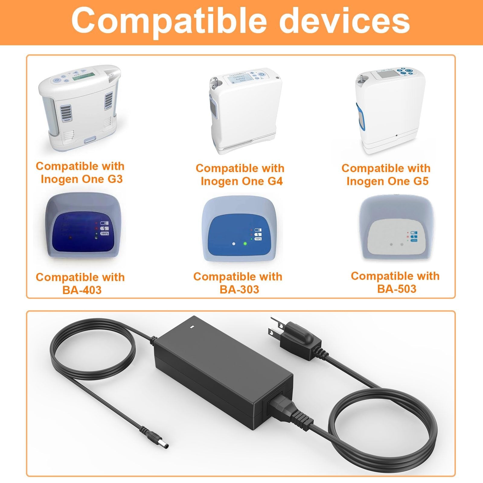 VASTHOME 120W charger for Inogen One G5 G4 G3 G2 G1 portable oxygen concentrators, showing the power adapter and cable.