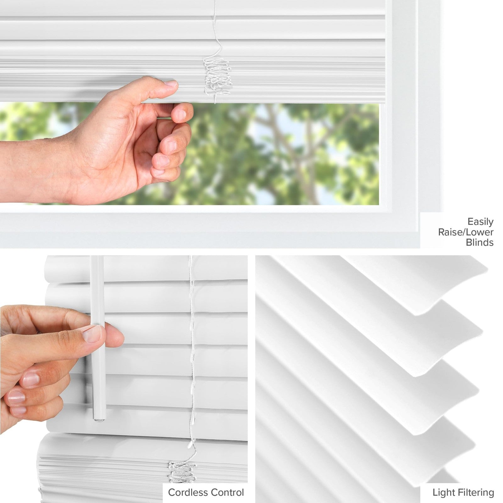 White Chicology mini blinds for indoor windows, 63W x 84H, horizontal vinyl blinds with slats and clean finish.