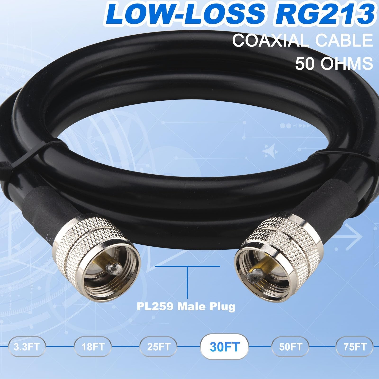 YOTENKO RG213 coaxial cable 30FT with ultra low loss, UHF PL-25, featuring black cable and connectors for high-frequency applications.