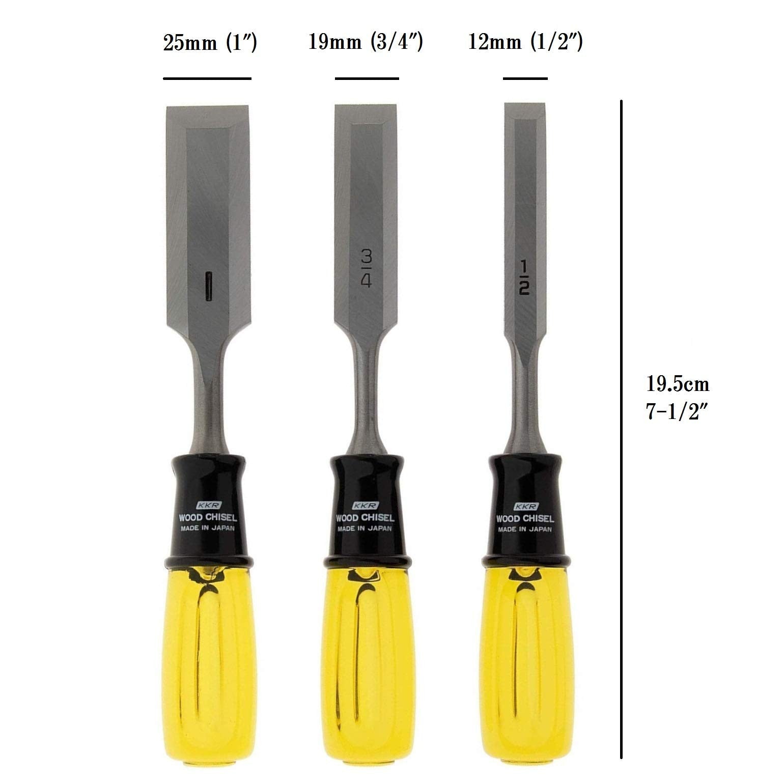 Set of three KAKURI heavy-duty wood chisels in 1/2, 3/4, and 1 inch sizes, with wooden handles for woodworking projects.