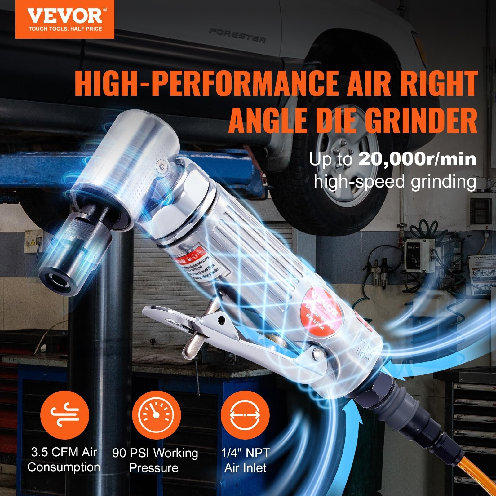 VEVOR 1/4-inch right angle air die grinder with 20,000 RPM, lightweight design, ball bearing for smooth operation.