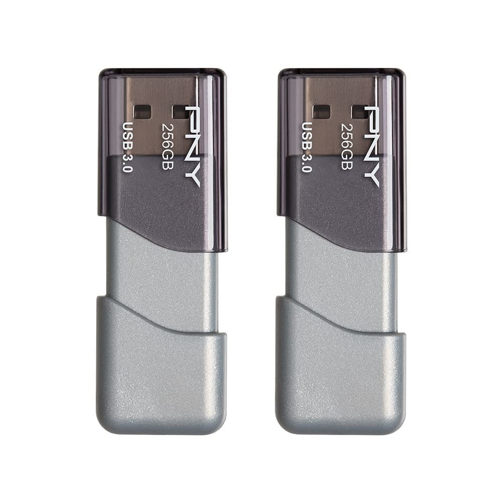 Two silver PNY Turbo Attaché 3 USB 3.0 flash drives, each with a 256GB capacity, showing the compact design and USB connector.