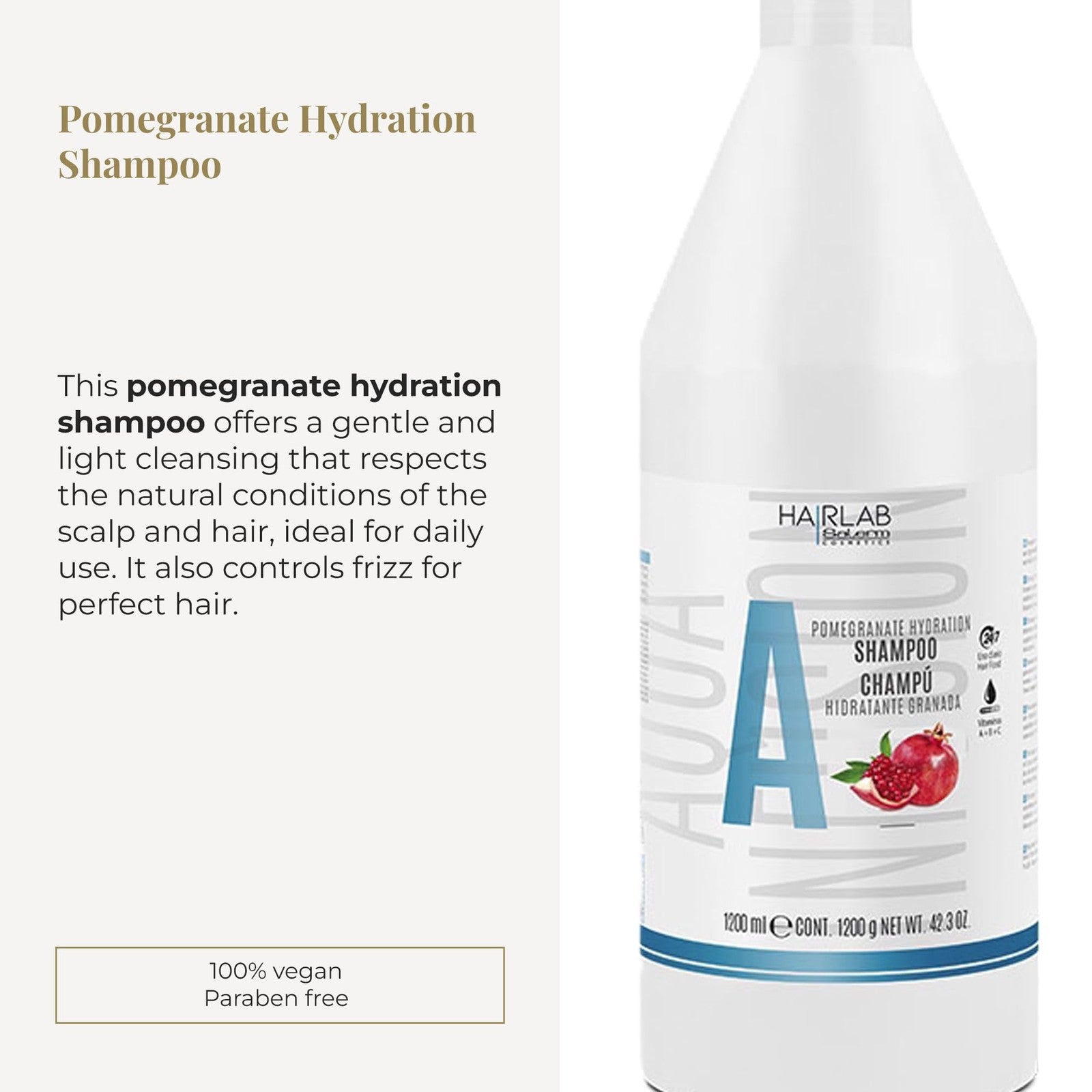 Salerm Hydrating Shampoo Hair Lab Pomegranate 1200ml bottle with gentle frizz control and vegan formula, shown on a white background.